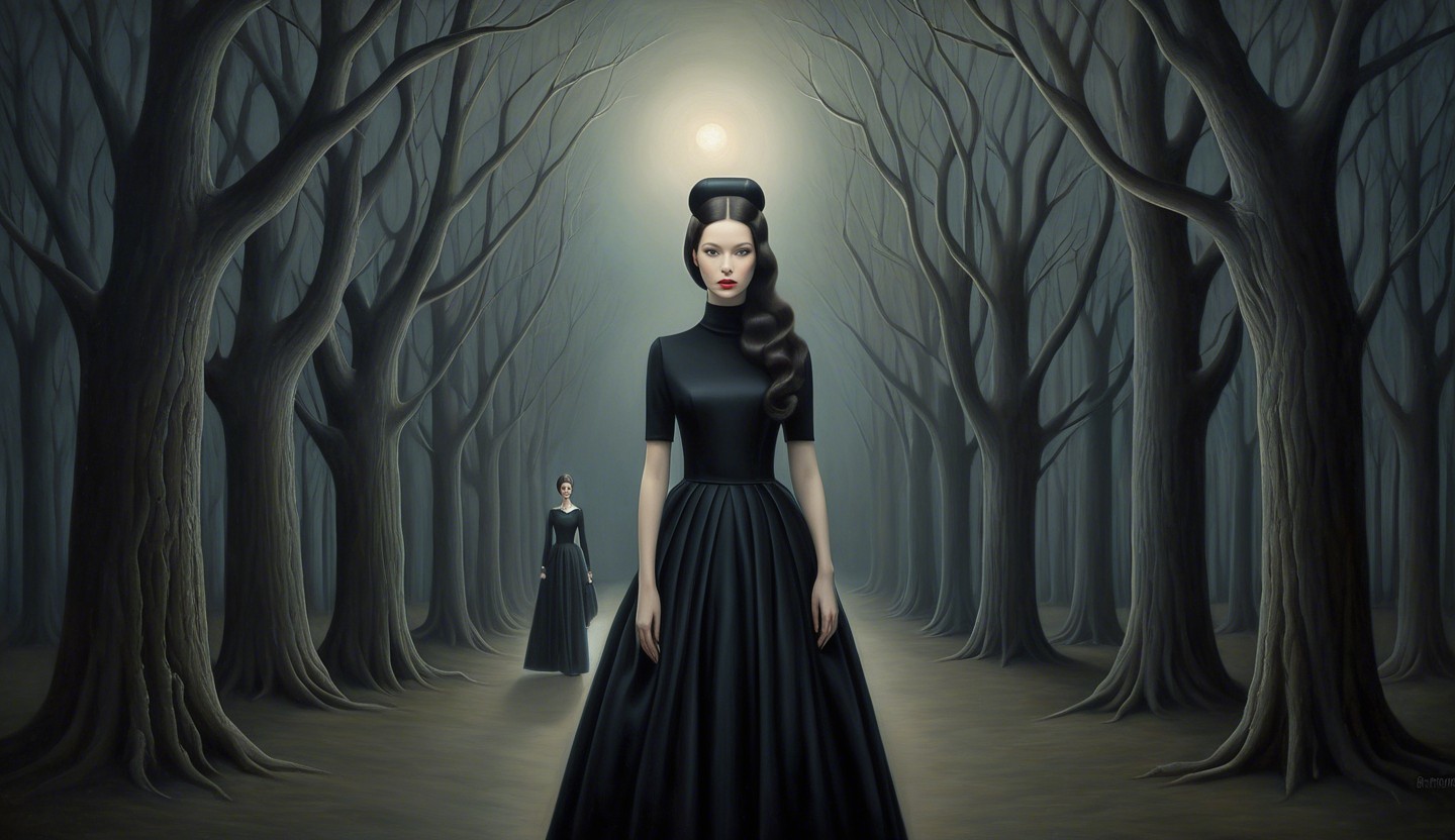 Elegant Women in Black Gowns in Dark Forest Setting