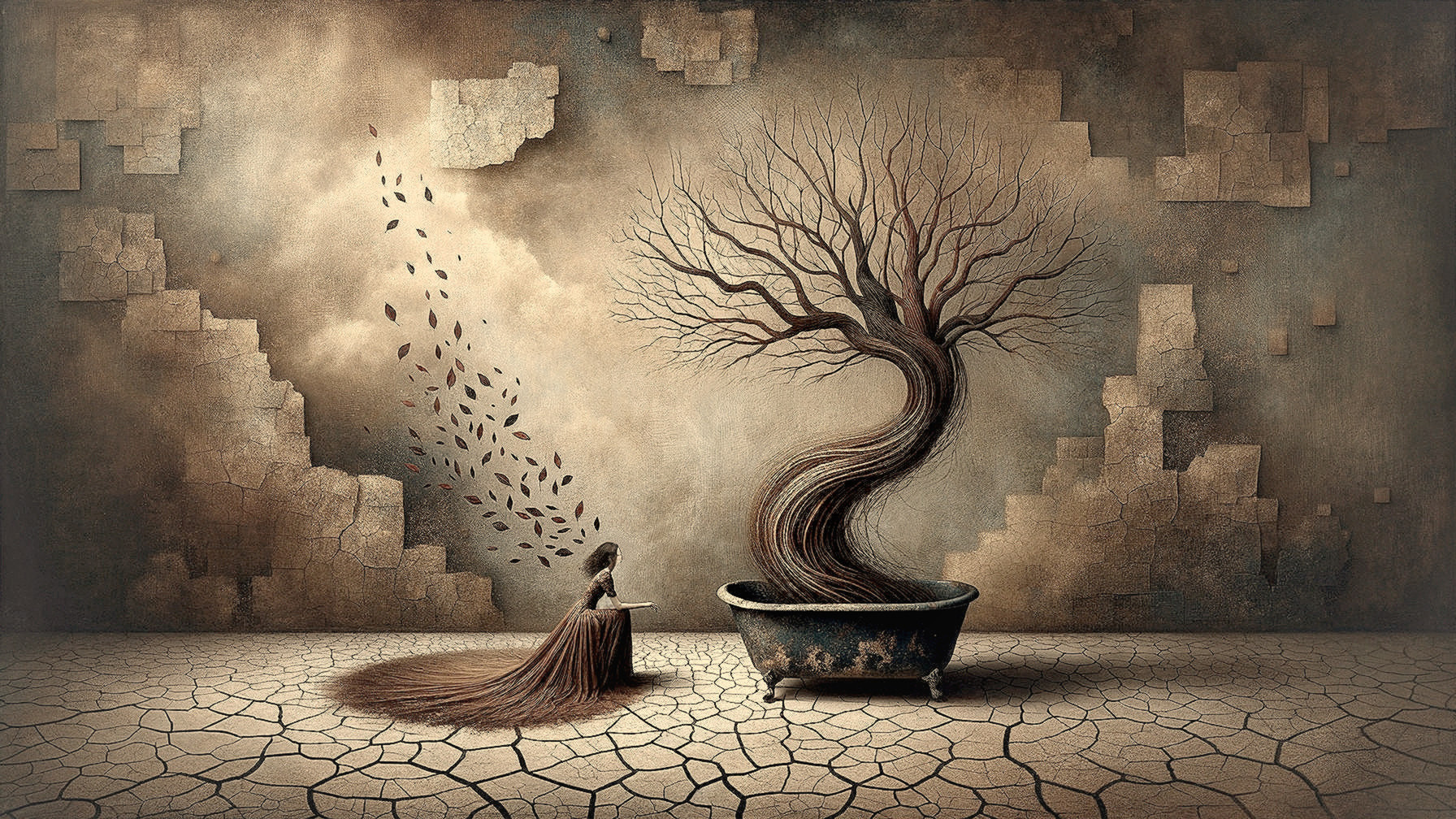 Surreal Scene of Woman by Twisted Tree in Bathtub
