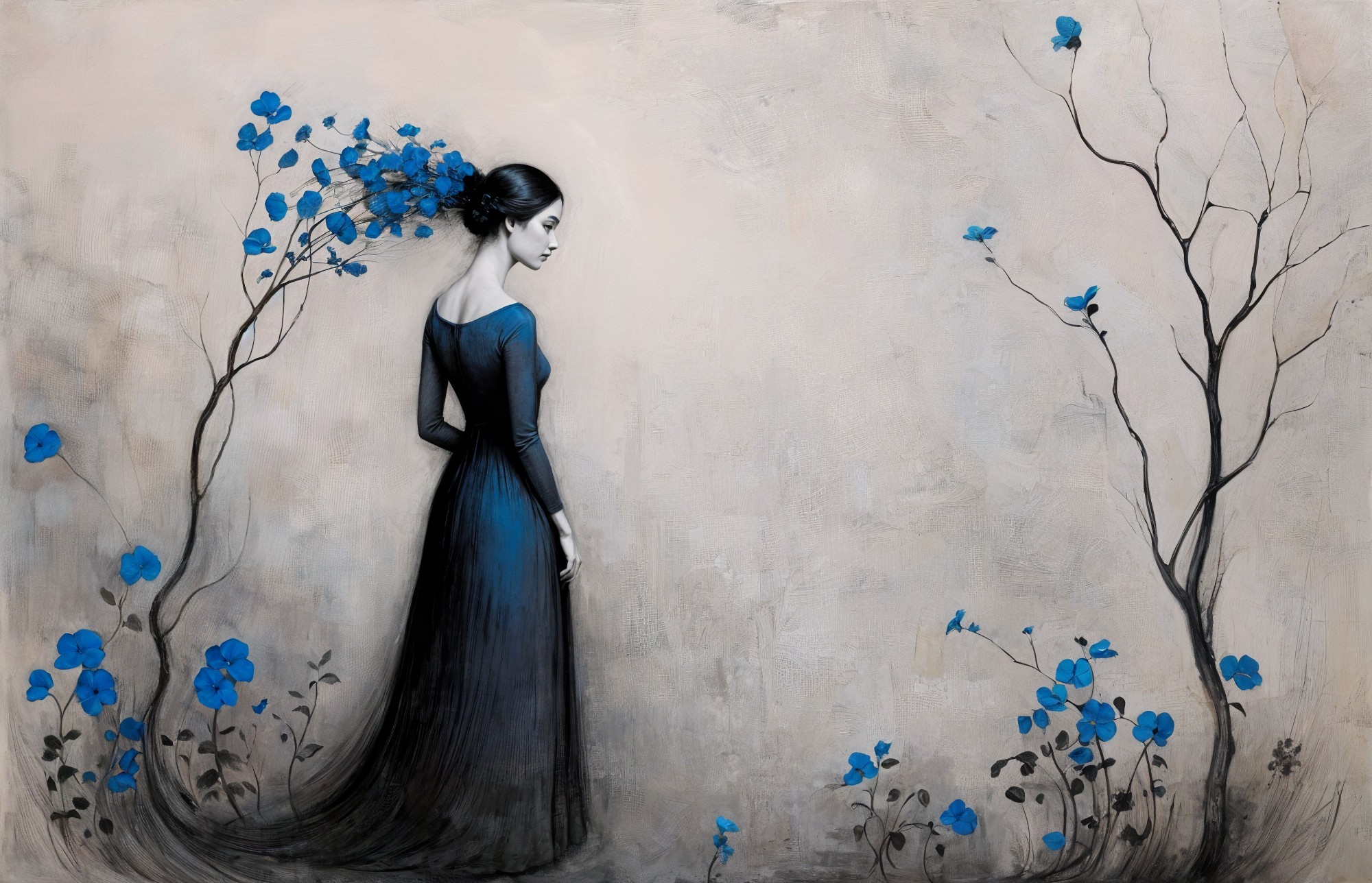 Woman in Blue Dress Surrounded by Flowers and Branches