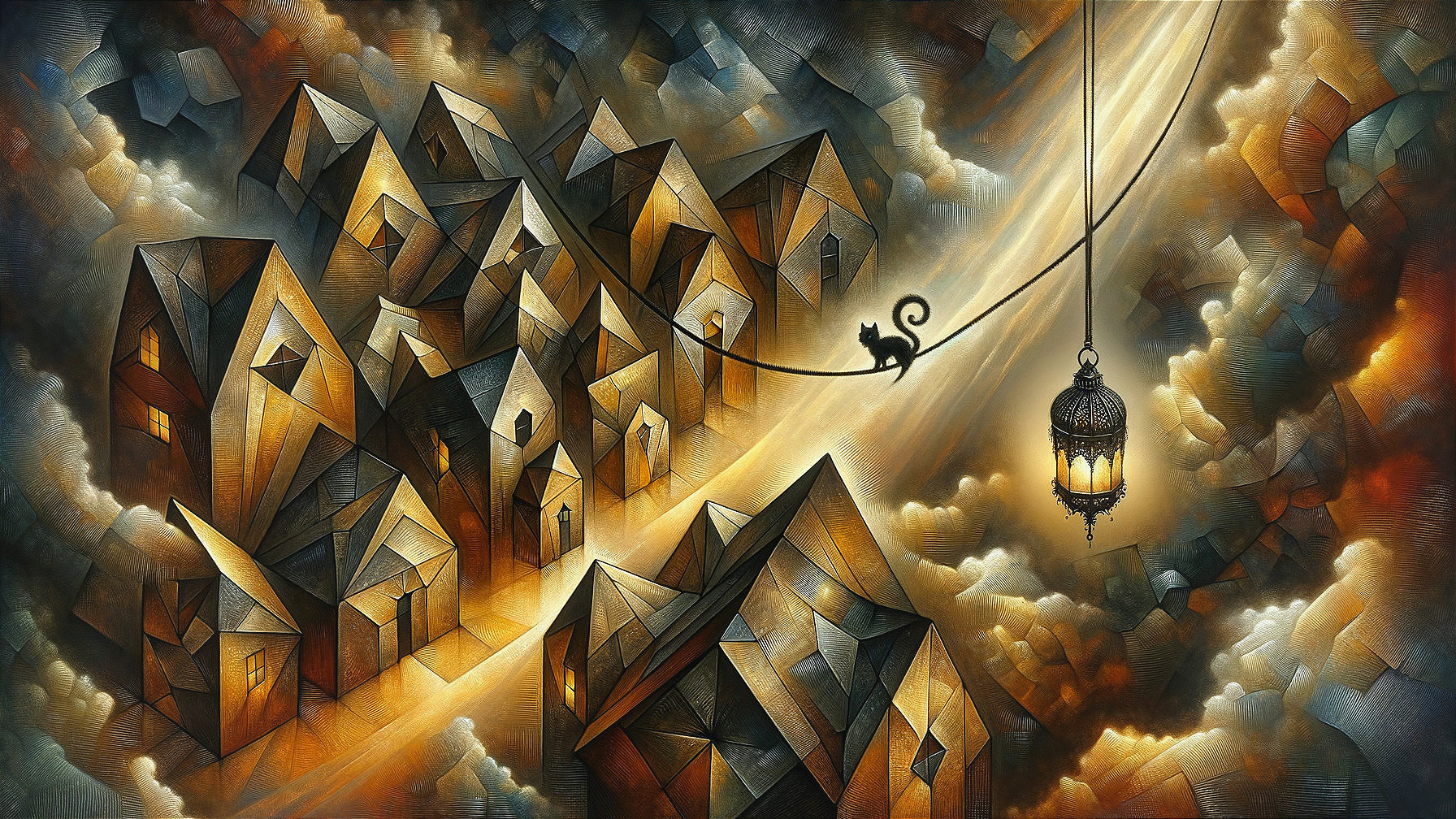 Abstract Geometric Houses in Dreamlike Landscape
