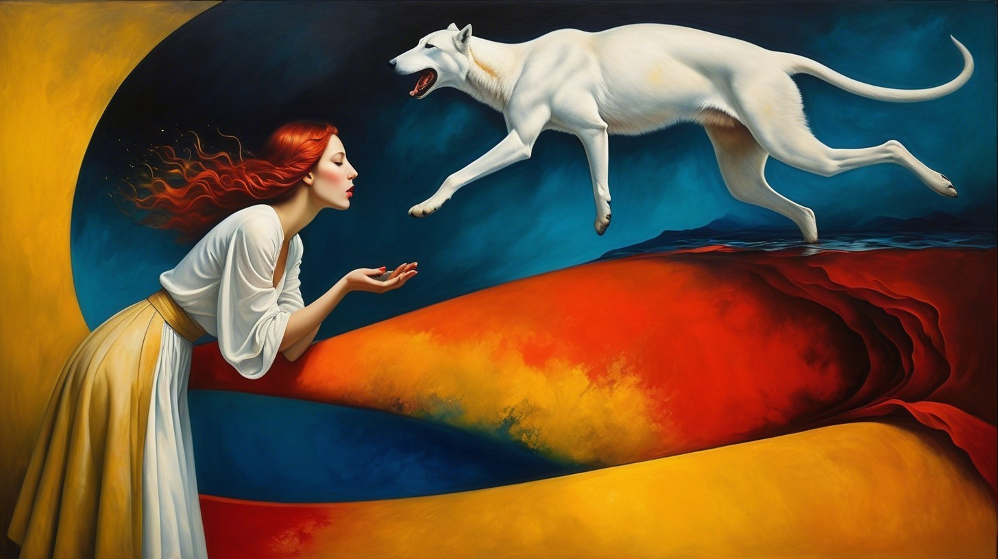 Surreal Painting of Woman, Dog, and Bold Colors