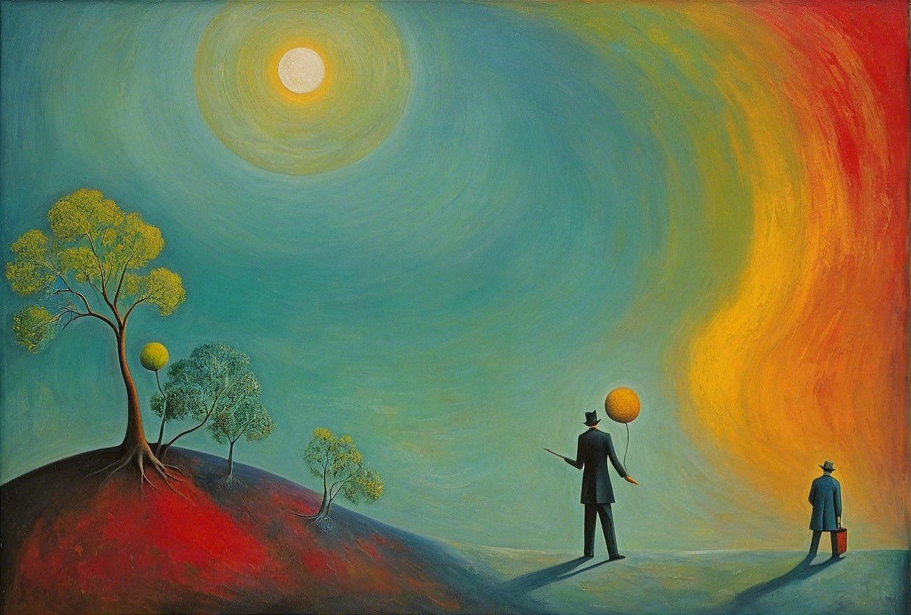 Silhouetted Figures on Colorful Hillside Landscape