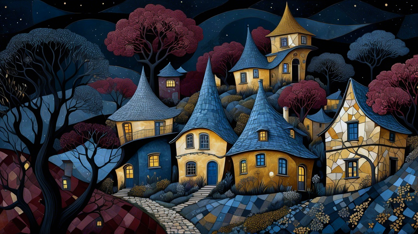 Whimsical Night Village with Colorful Houses and Trees