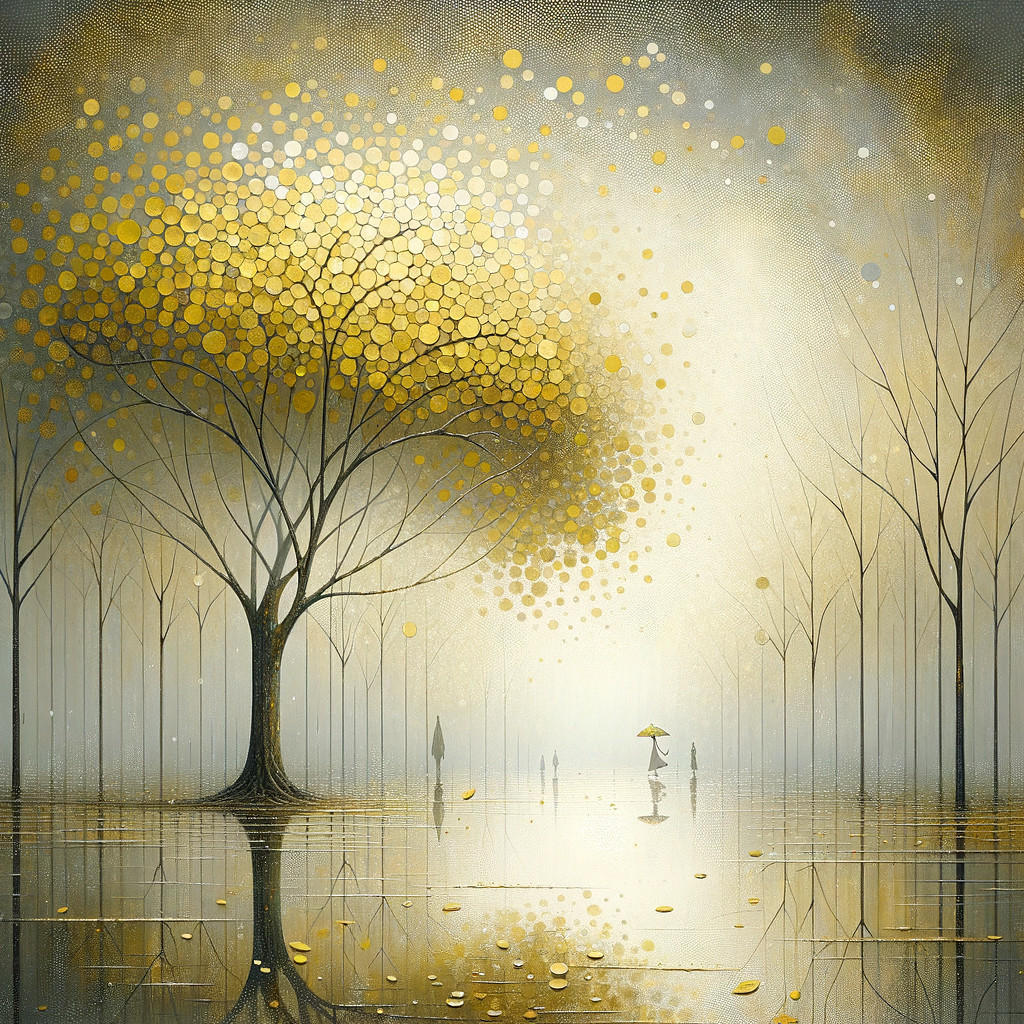 Serene Landscape with Golden Tree and Misty Water