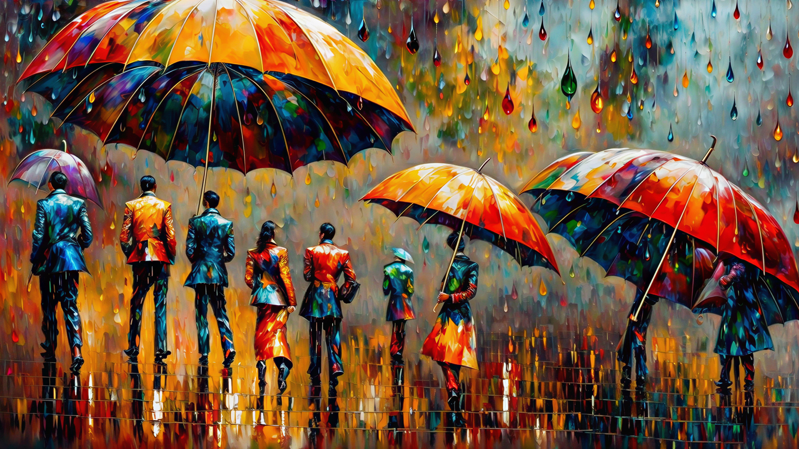 Impressionistic Scene of People with Colorful Umbrellas