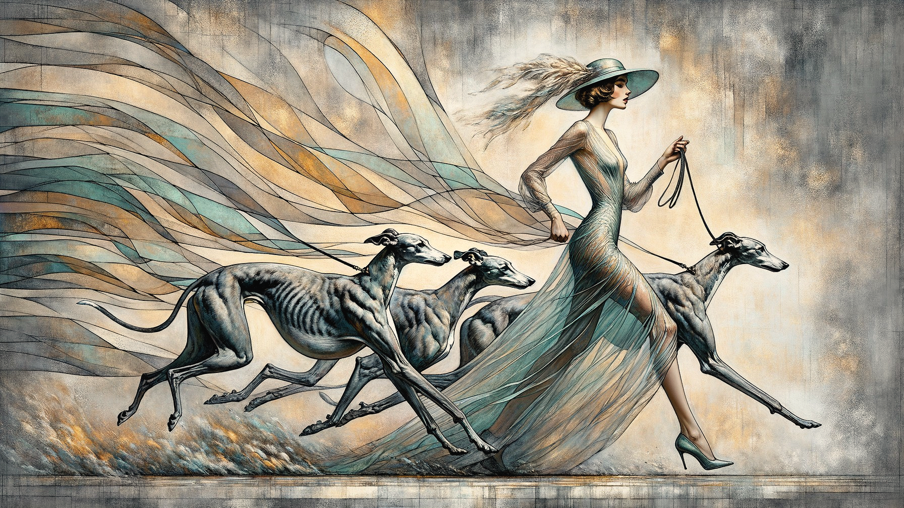 Elegant Woman with Greyhounds in Dynamic Motion
