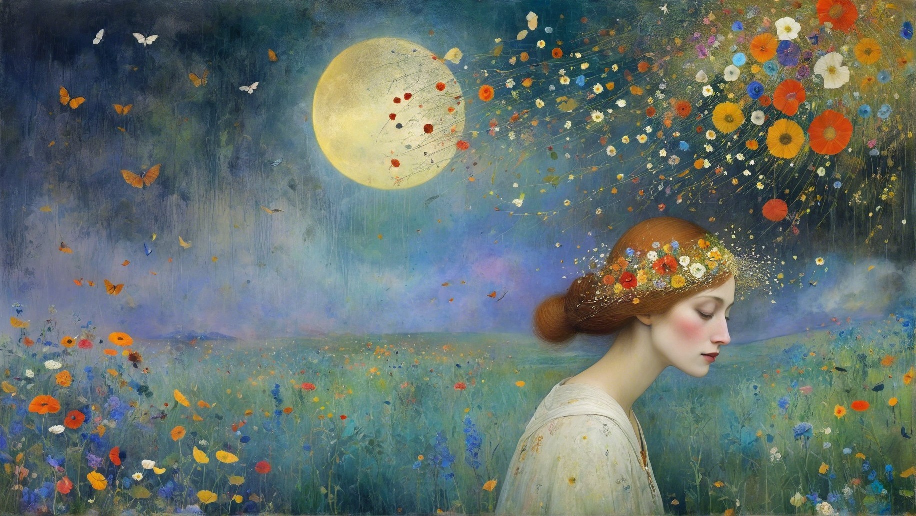 Serene Woman with Floral Crown Under Full Moon