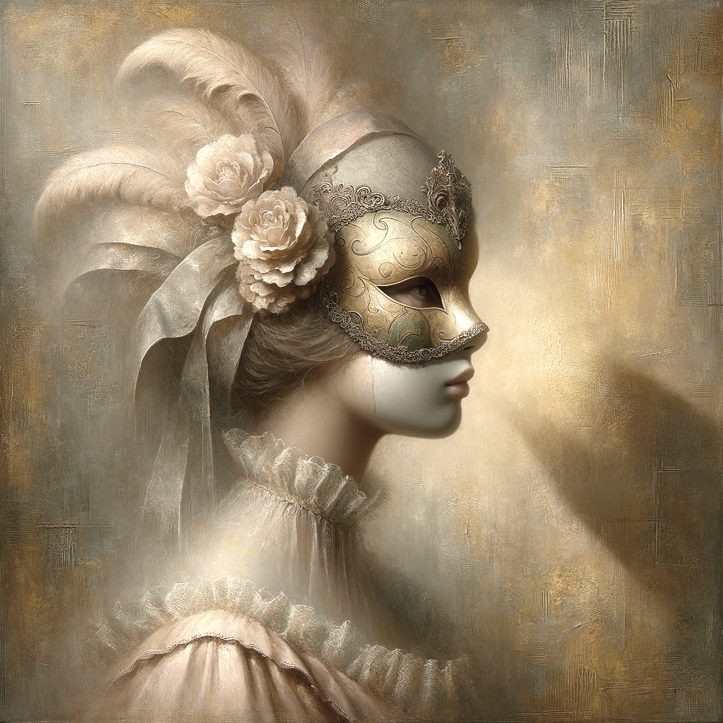 Graceful Figure in Delicate Mask with Feathers and Roses