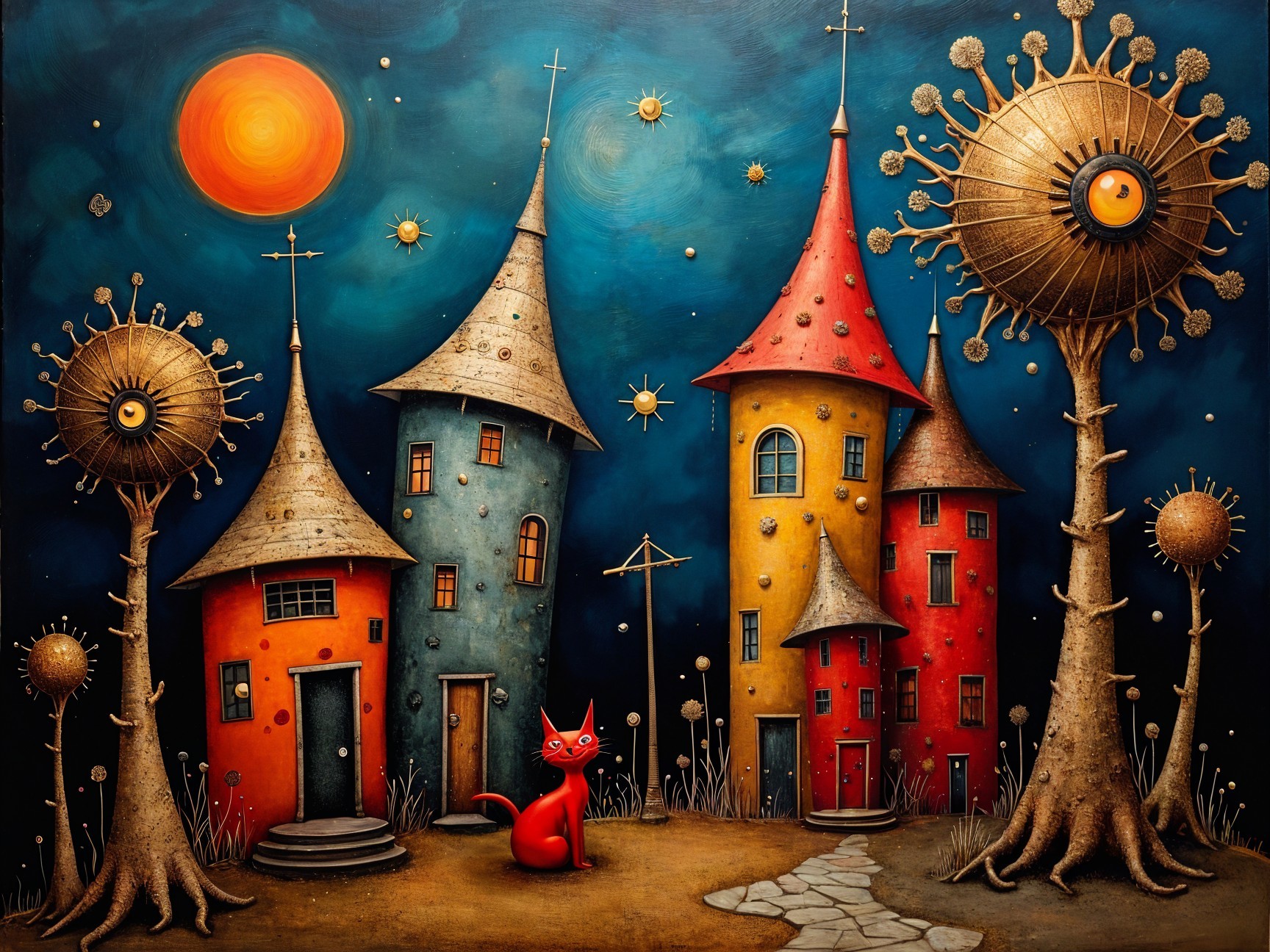 Whimsical Night Scene with Colorful Houses and Cat