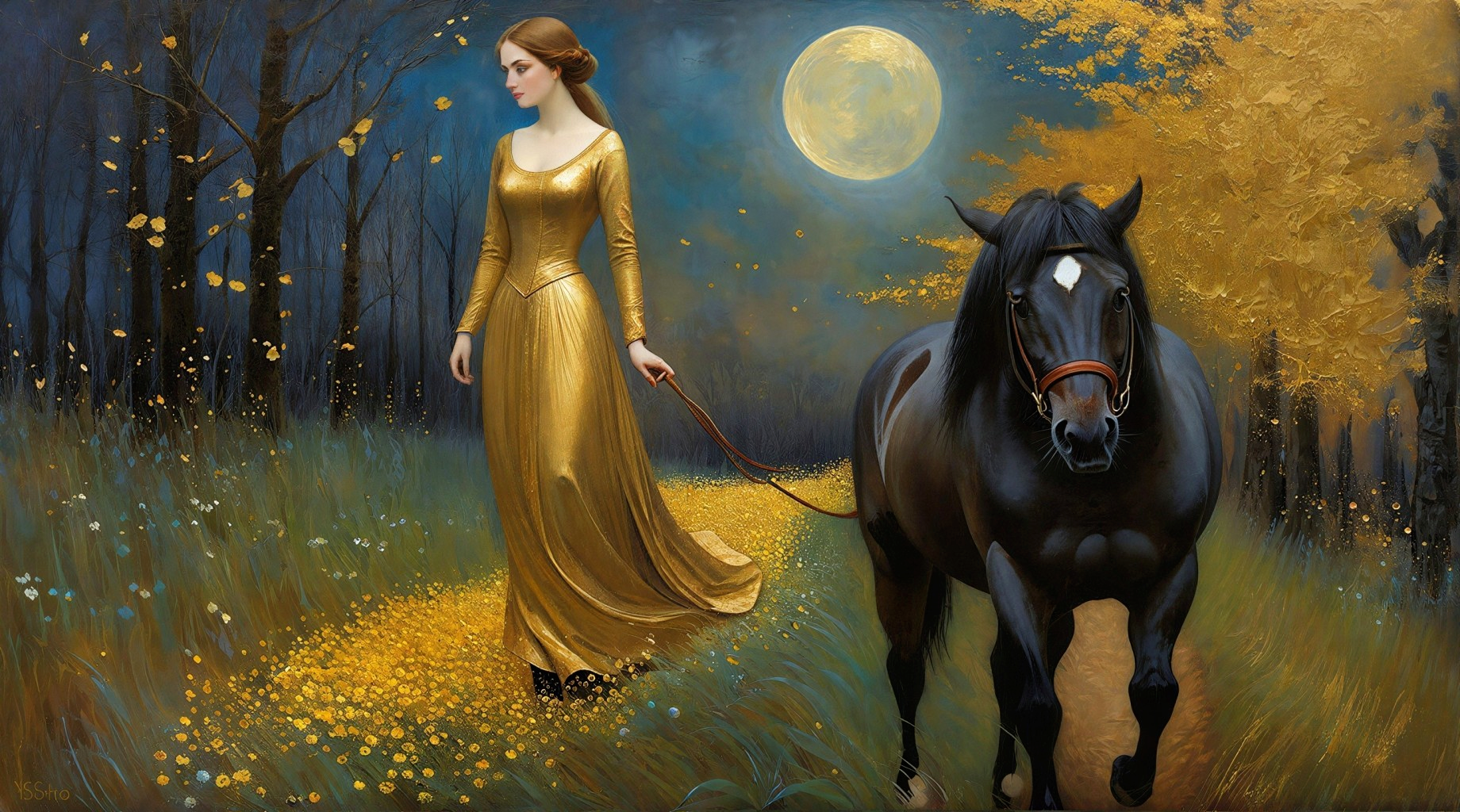 Young Woman in Golden Dress with Brown Horse at Night