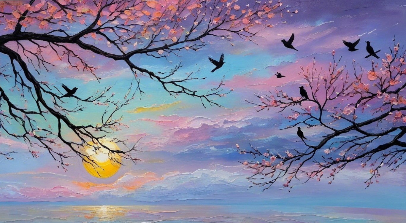 Vibrant Sunset Over Serene Landscape with Blossoms