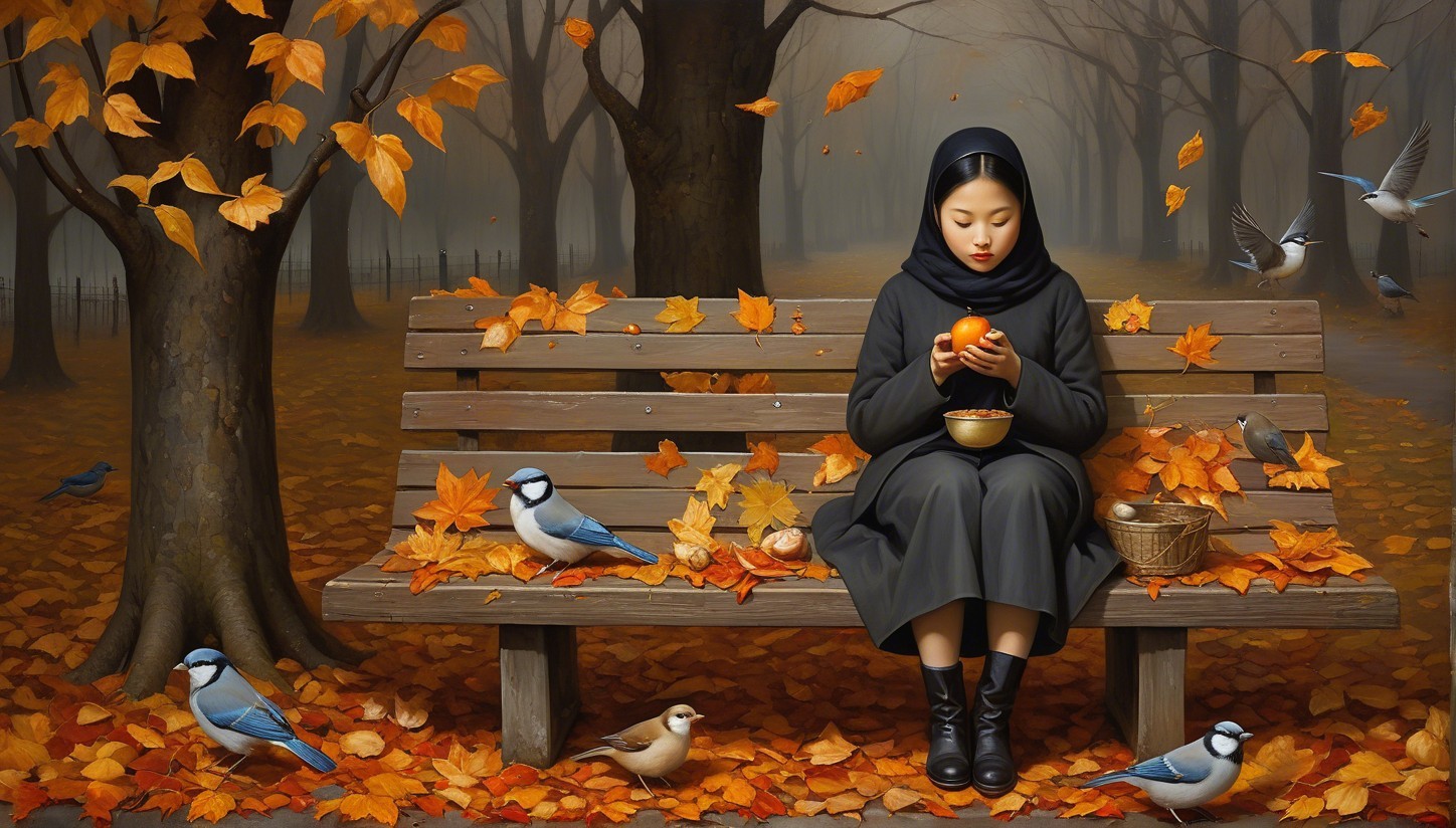 Serene Autumn Scene with Girl and Vibrant Leaves