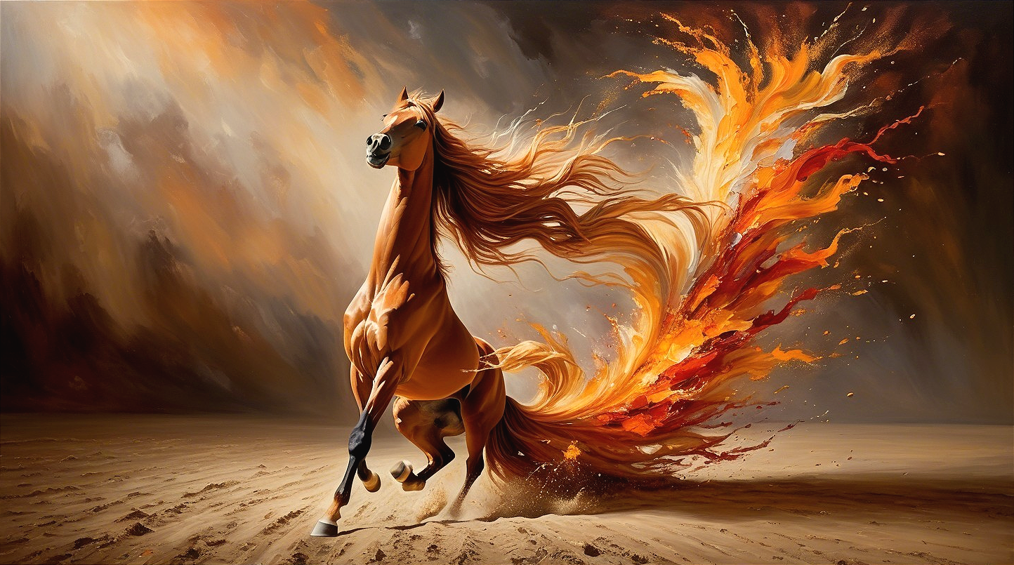 Majestic Horse Galloping Through Fiery Sandy Landscape