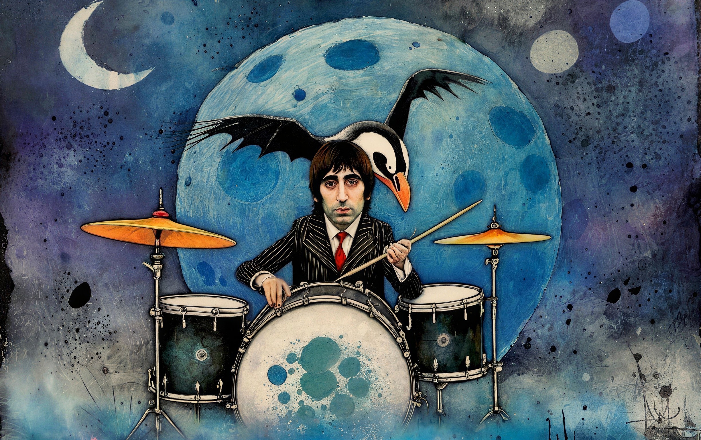 Whimsical Drummer with Surreal Moon and Penguin