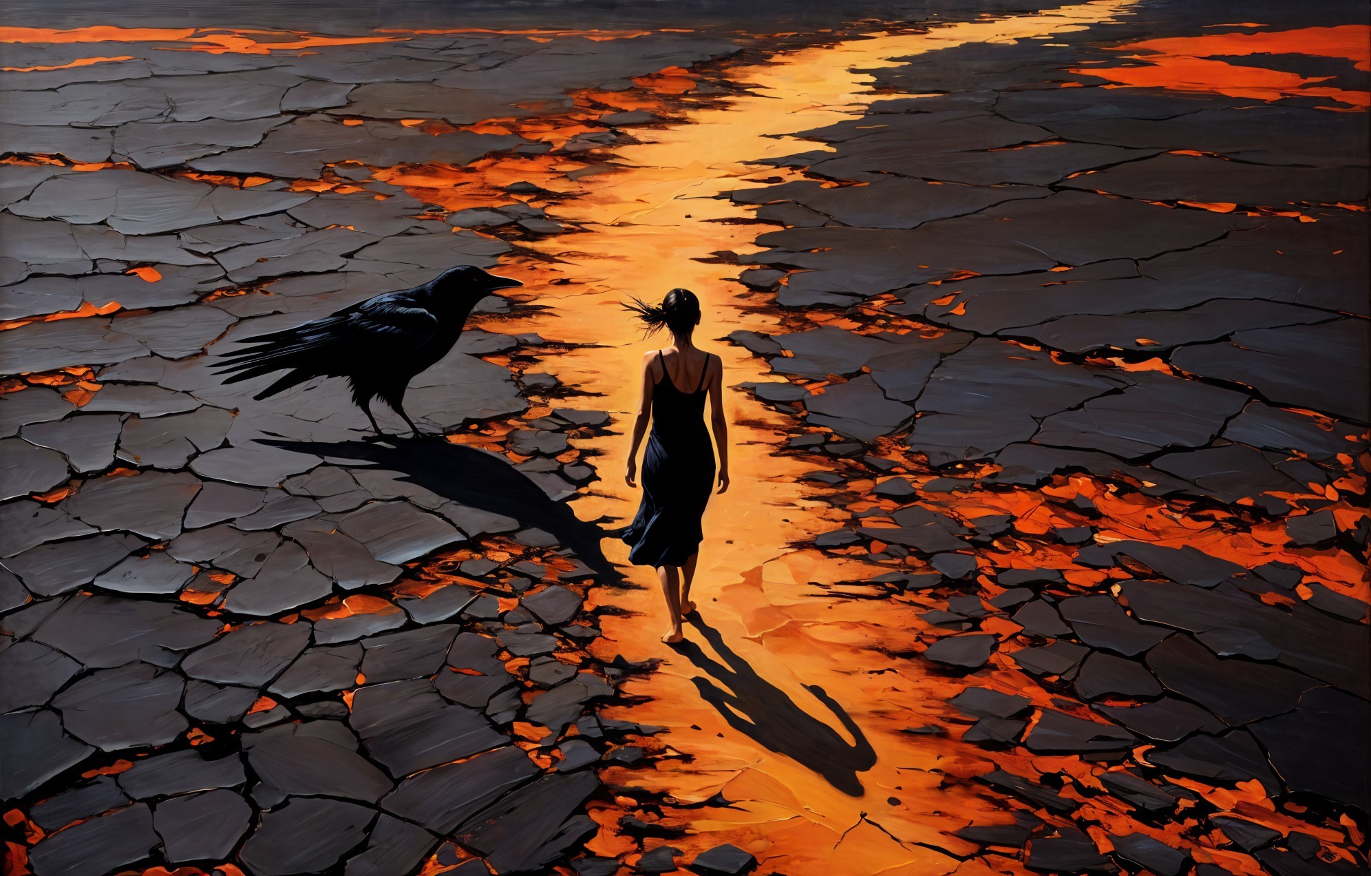 A figure on an orange path in a cracked landscape