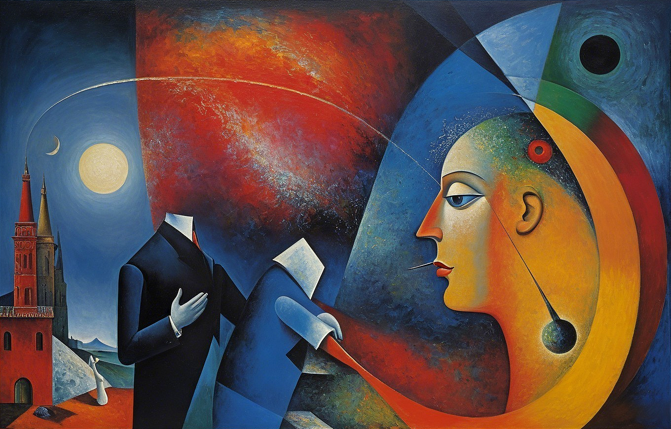 Abstract Painting of Faceless Figure and Colorful Profile