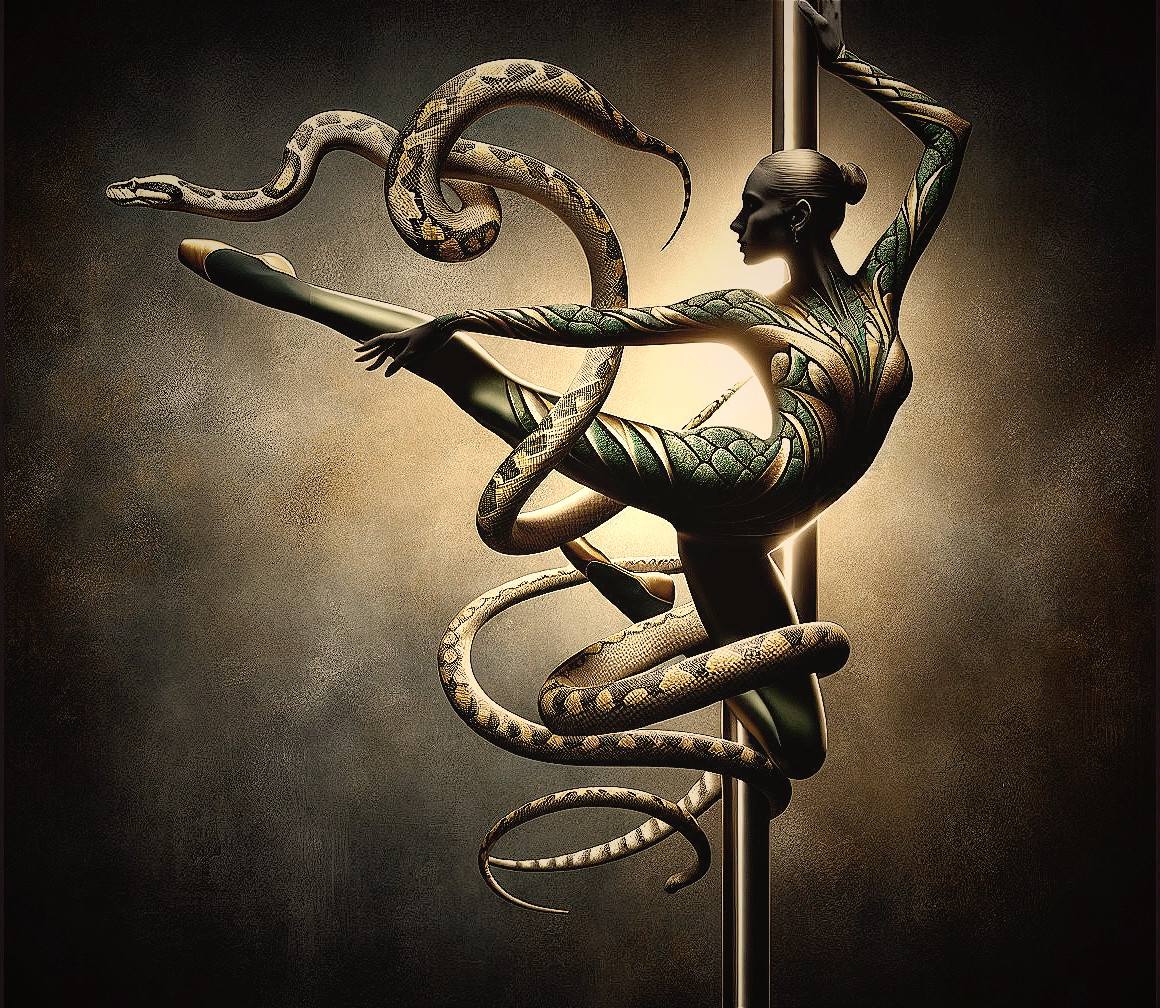Pole Dance Performance with Serpent Motif and Lighting