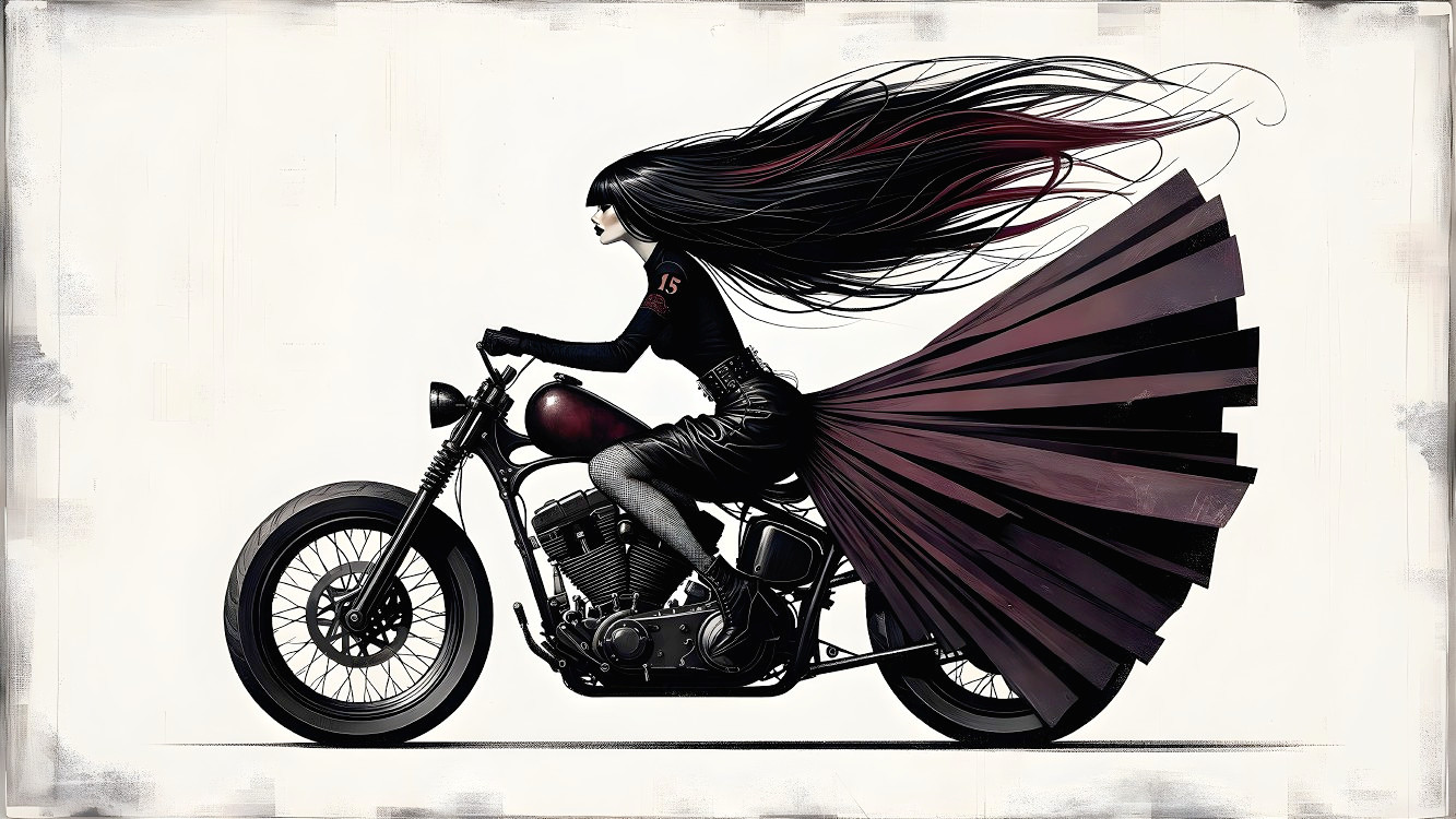 Figure Riding Motorcycle with Flowing Hair and Skirt