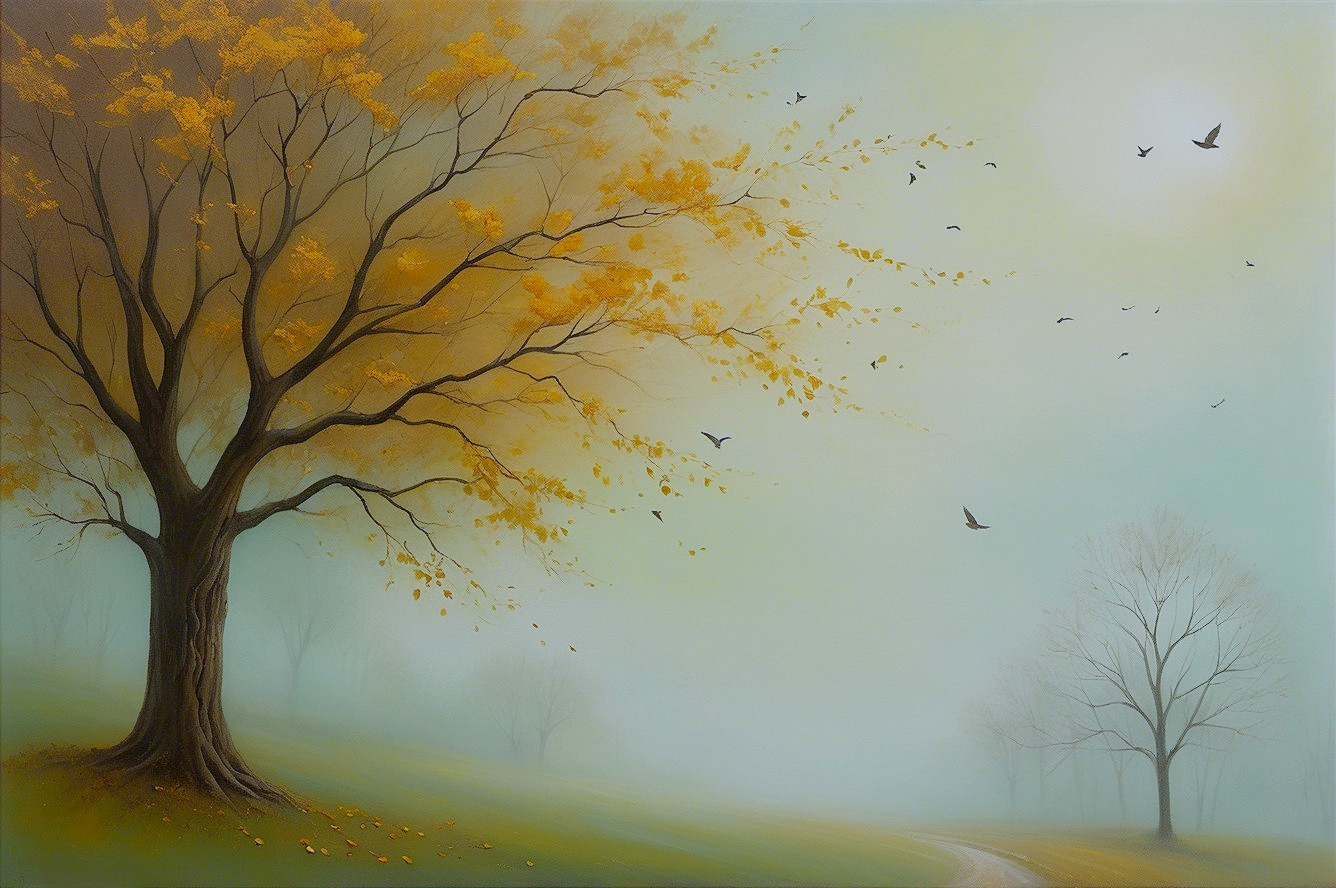 Serene Landscape with Golden Leaves and Misty Background