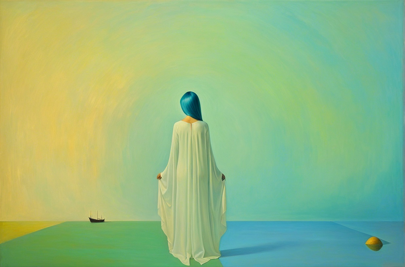 Serene landscape with figure in white garment and ship