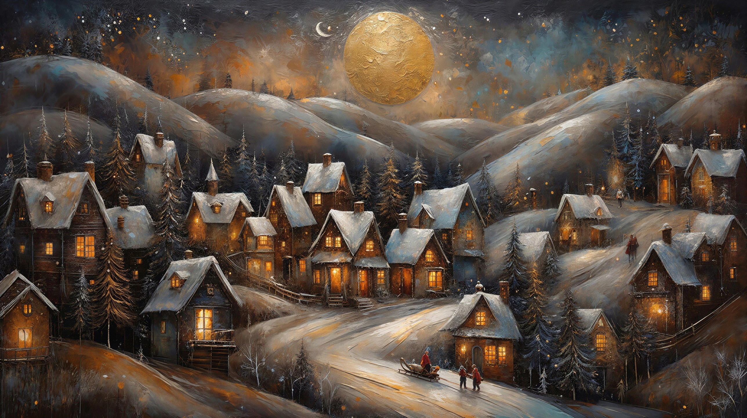 Magical Town Scene Under Starry Night Sky
