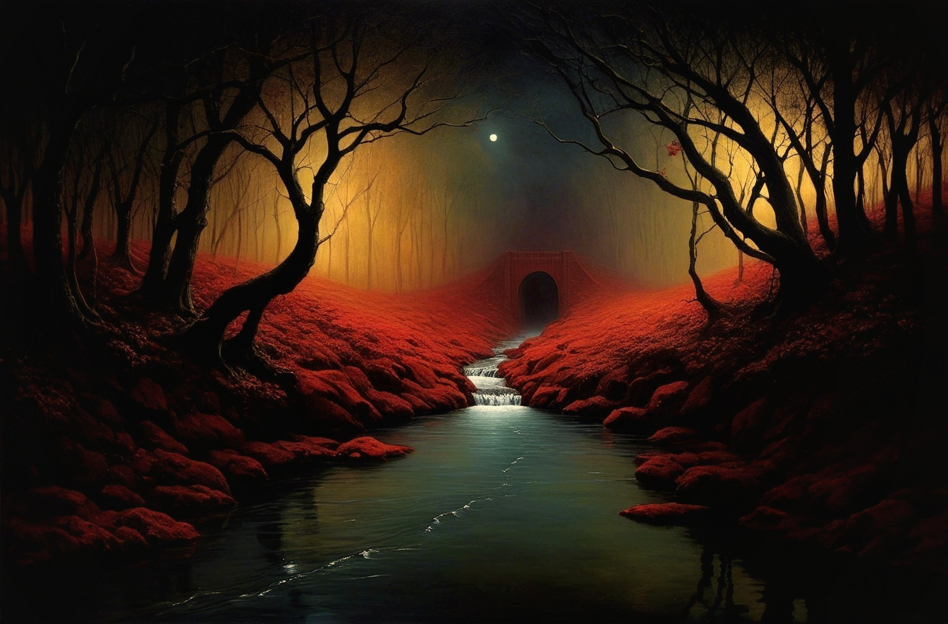 Twilight Stream in a Forest with Red Foliage