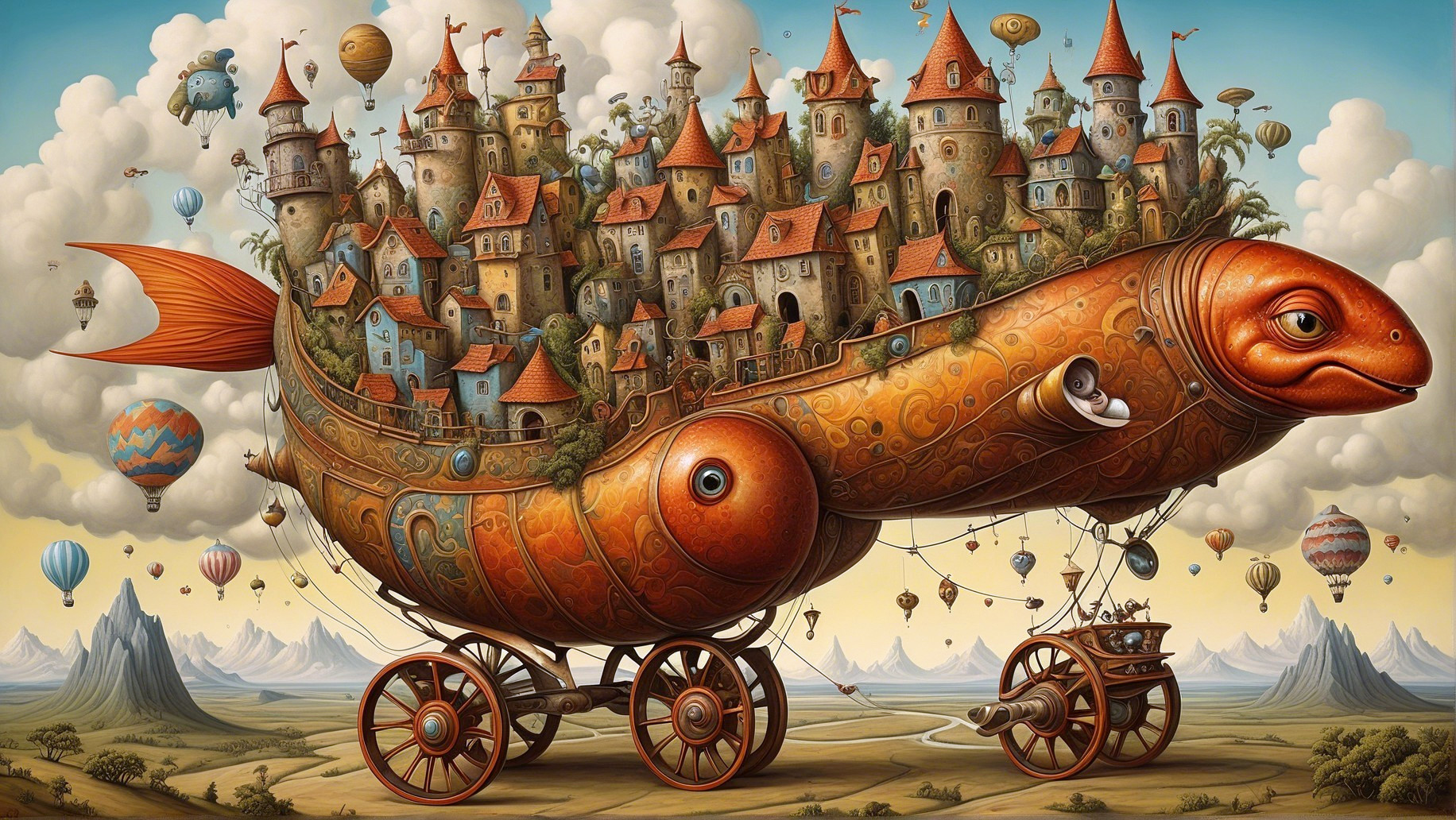 Surreal Steampunk Fish-Shaped Airship Cityscape