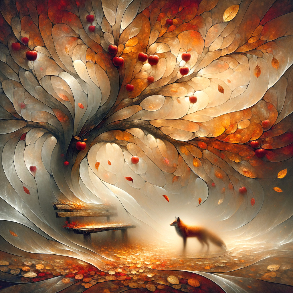 Whimsical Autumn Scene with Tree, Fox, and Bench