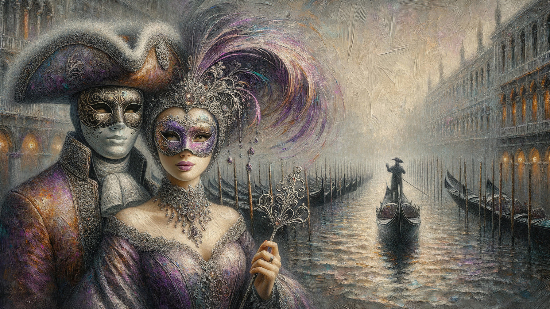 Masked Couple in Ornate Costumes by a Foggy Canal