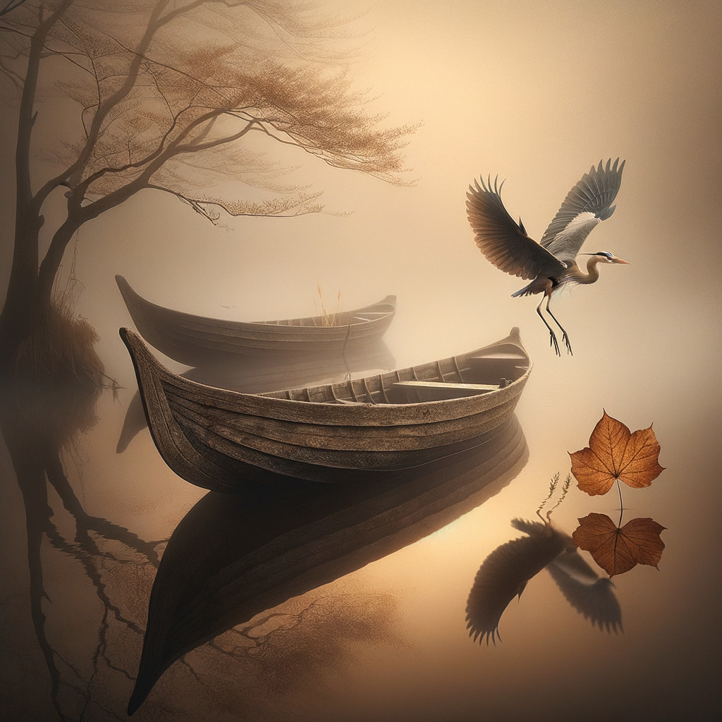 Serene Landscape with Boats on a Misty Lake