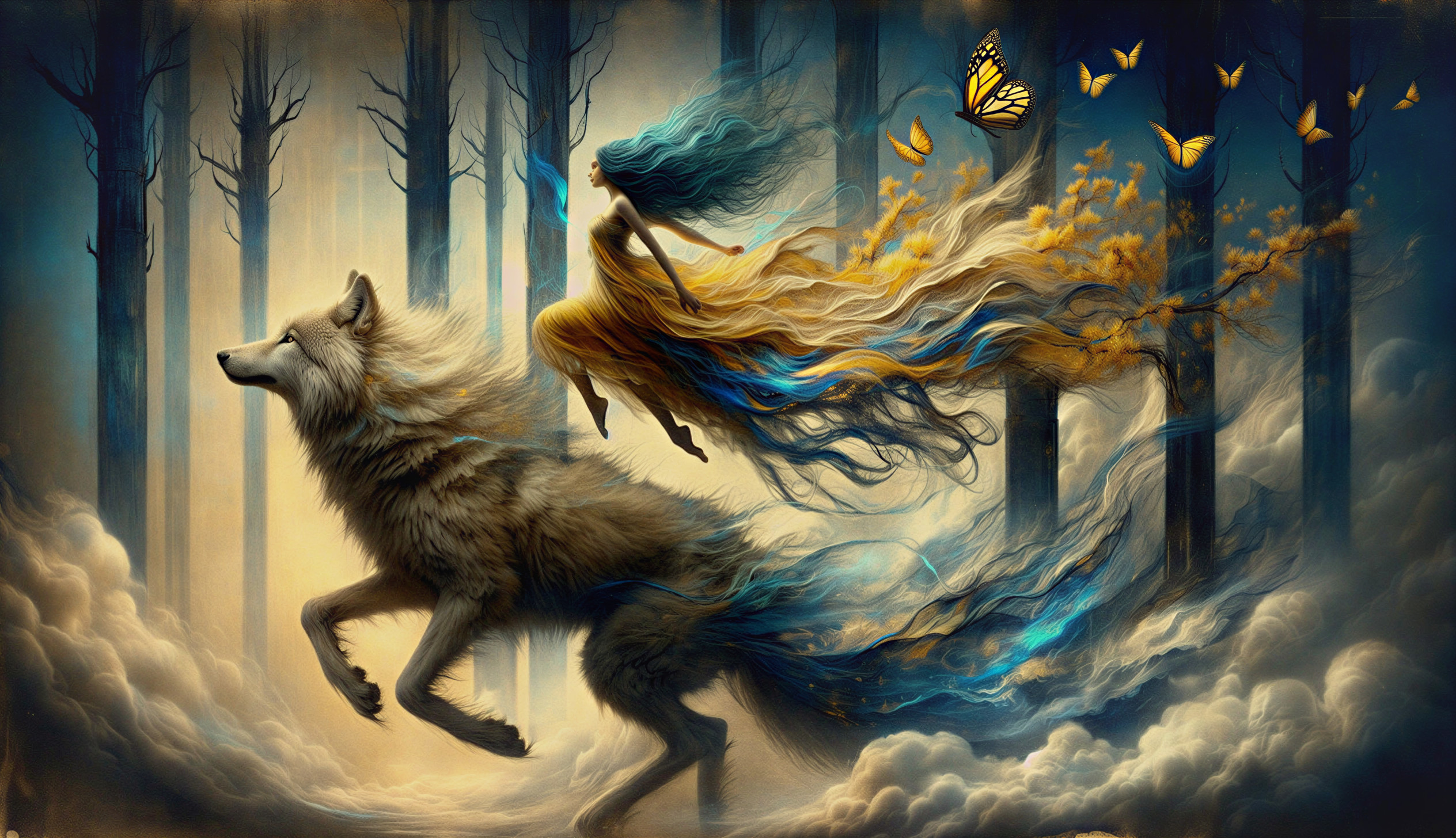 Ethereal Woman Riding Majestic Wolf in Mystical Forest
