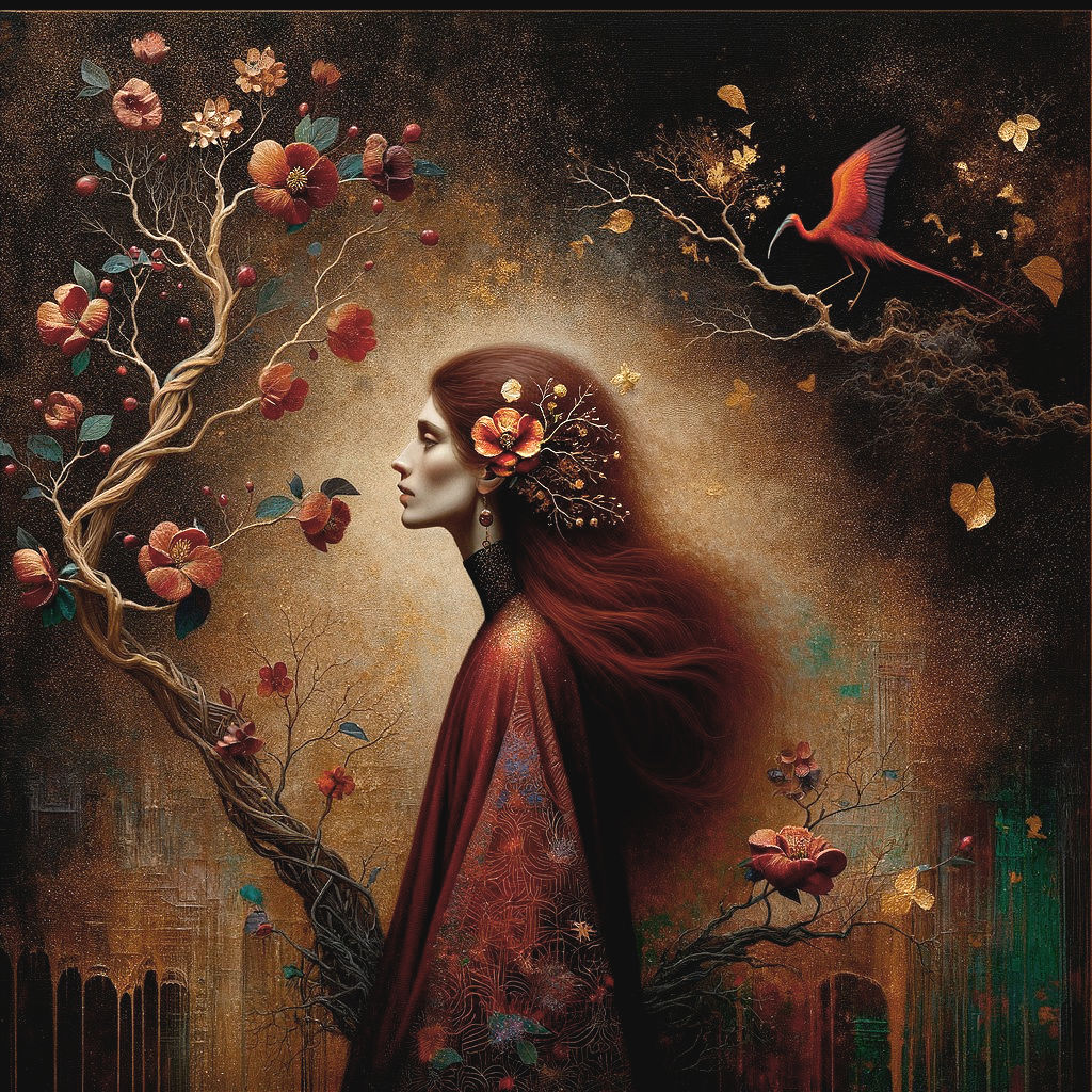 Portrait of a Woman with Red Hair and Floral Elements