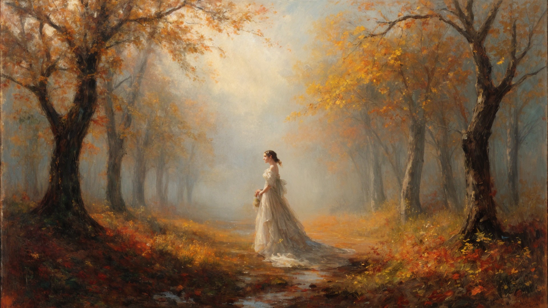 Autumn Landscape with Woman in White Dress and Bouquet