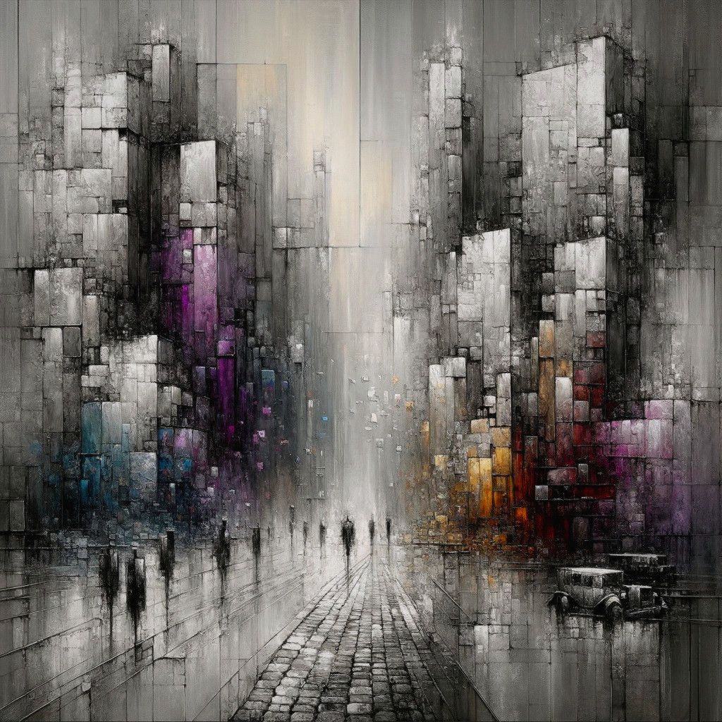 Abstract Cityscape with Textured Buildings and Figures