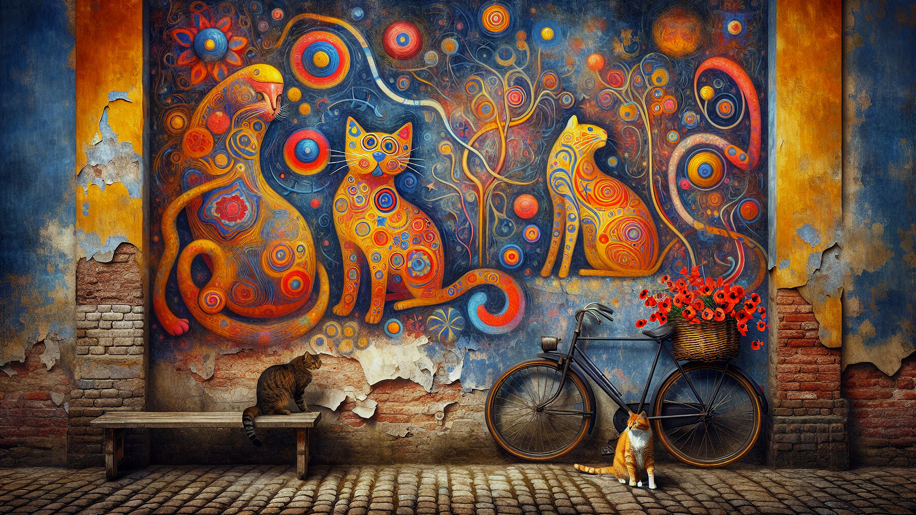 Vibrant Mural of Stylized Cats on Weathered Wall