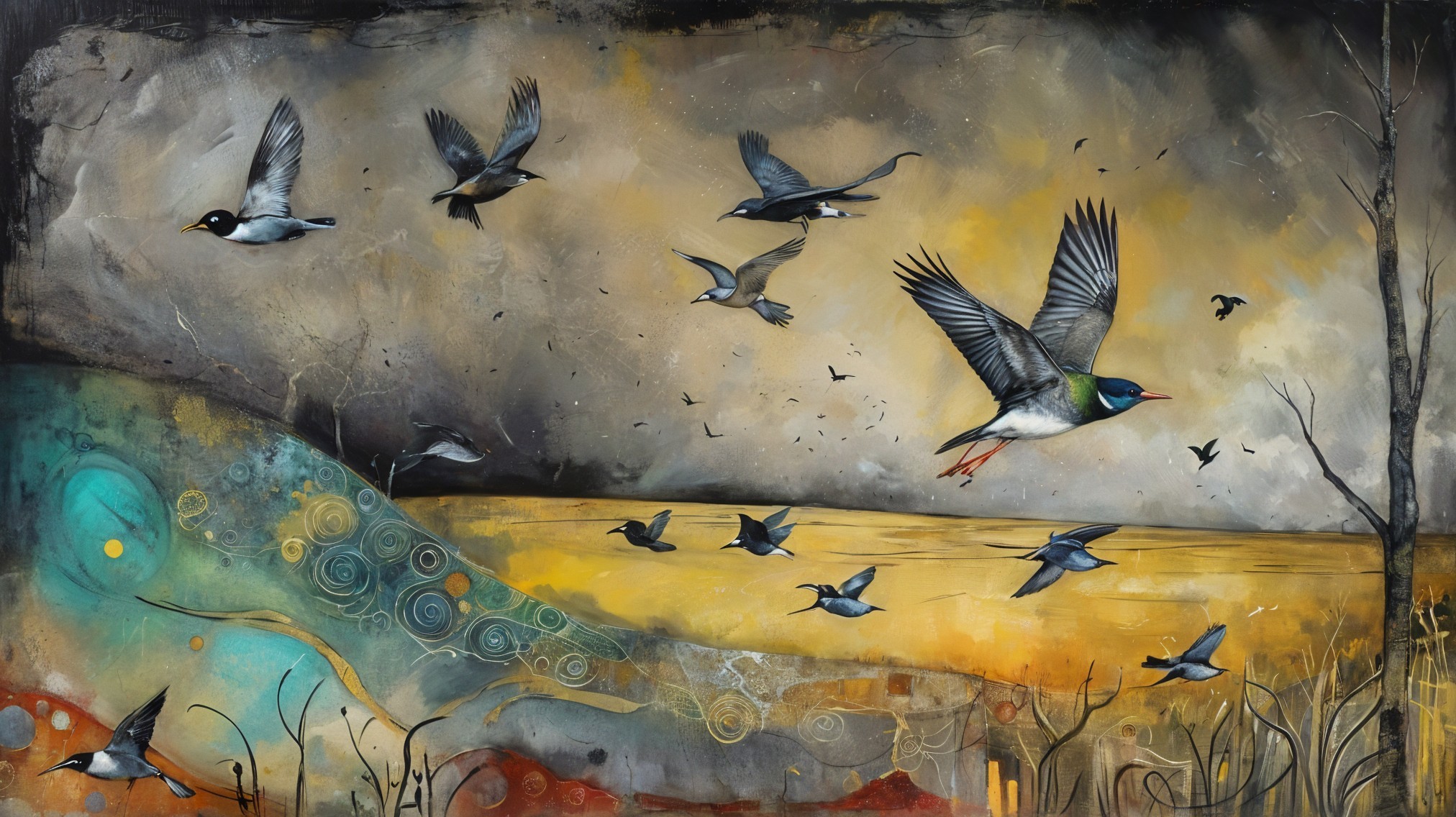 Vibrant Abstract Landscape with Soaring Birds at Sunset