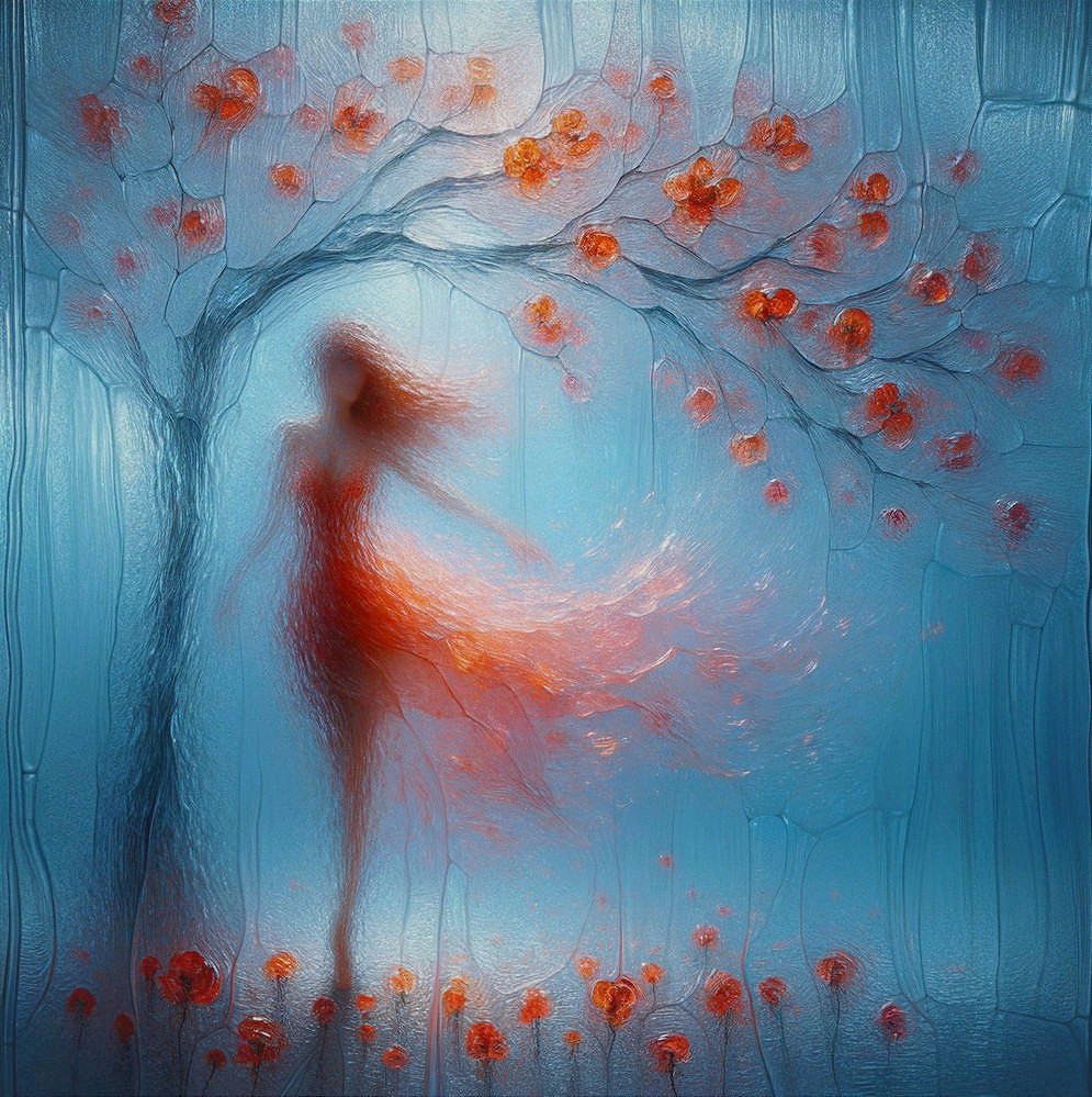 Dreamlike scene with a woman in a red dress dancing