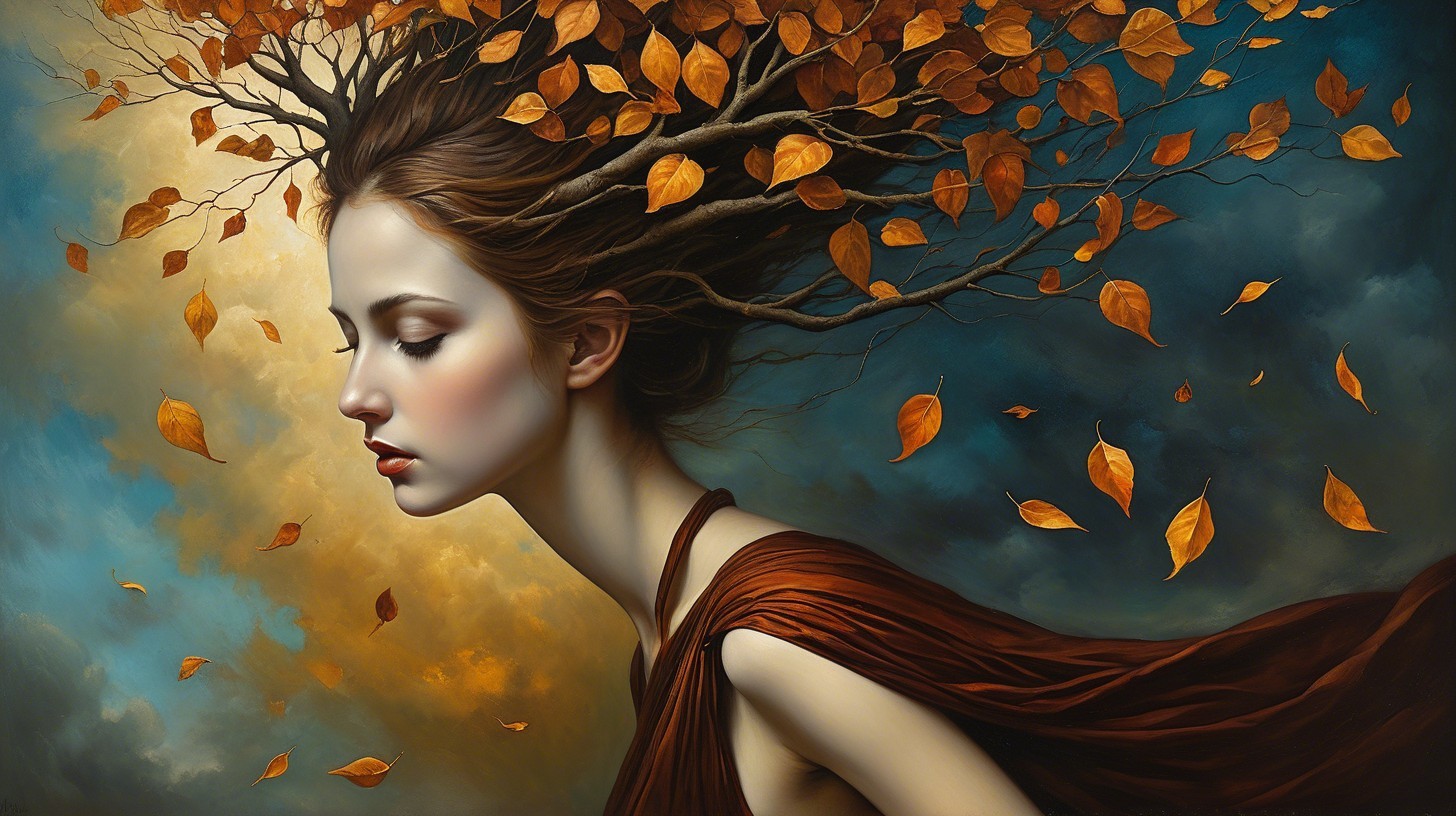 Woman's Profile Transforms into Autumn Tree Scene