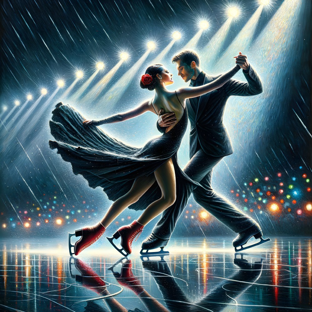 Couple Dancing on Ice with Colorful Stage Lights