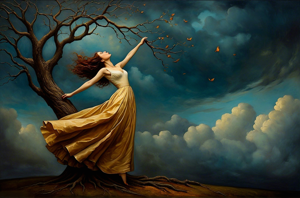 Woman in Golden Dress Beside Gnarled Tree and Butterflies