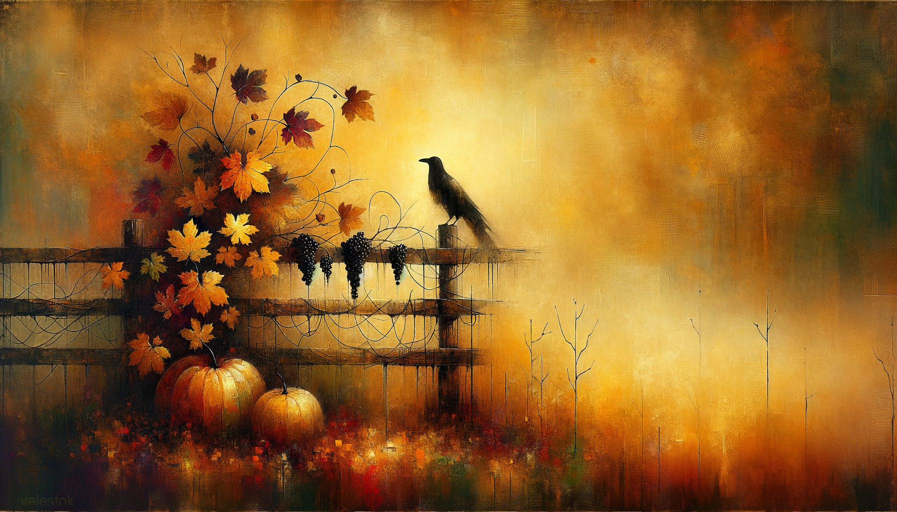 Serene Autumn Scene with Leaves, Pumpkins, and Crow