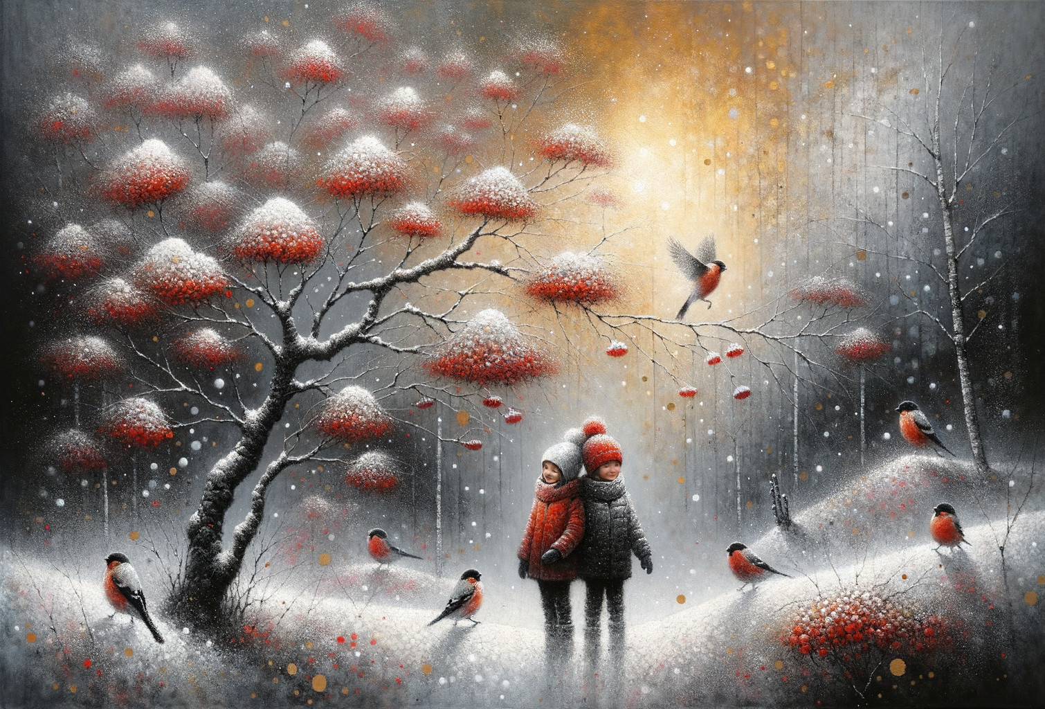 Winter Scene with Figures in Red Scarves and Snow