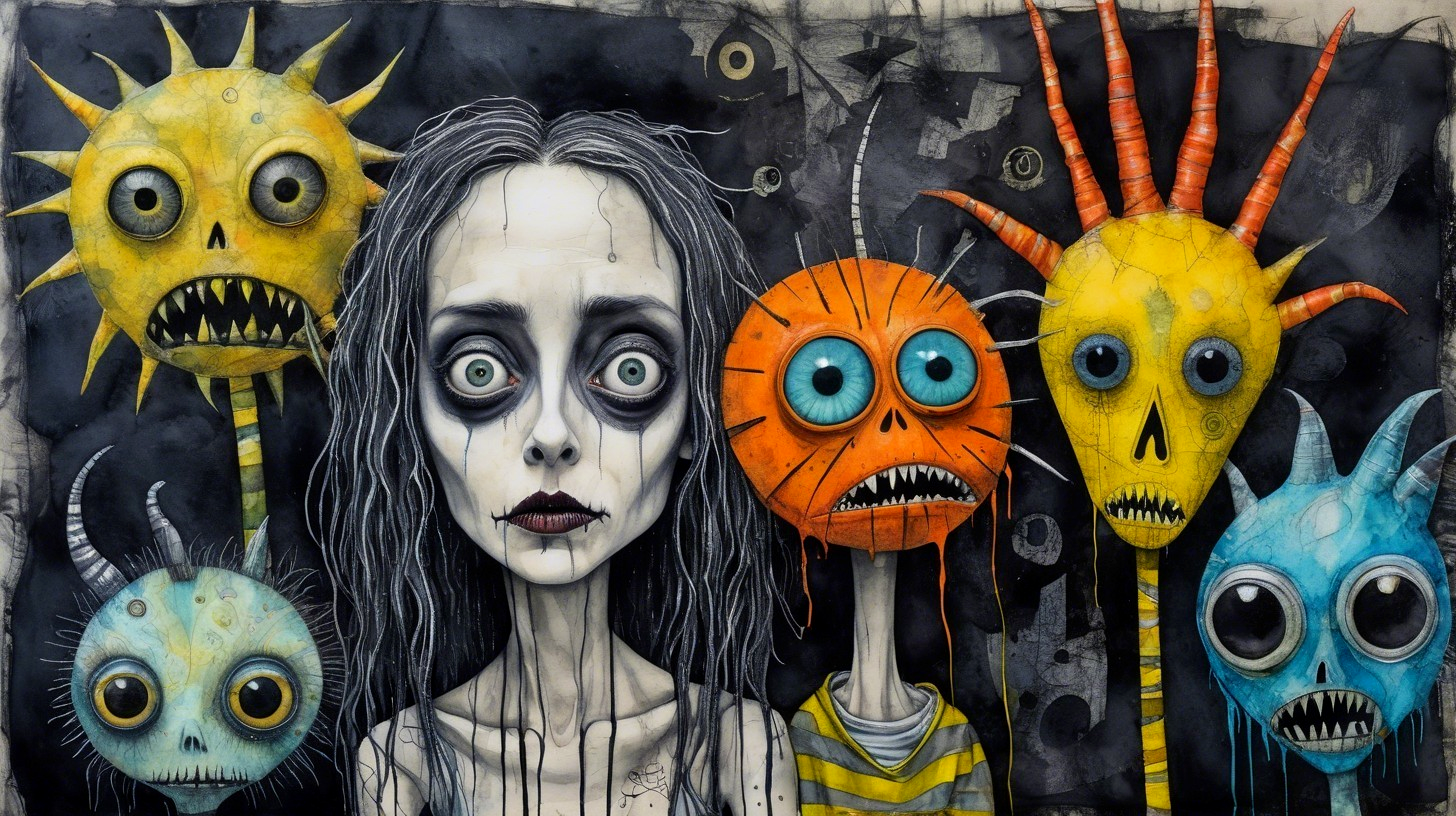 Surreal Scene with Pale Girl and Colorful Creatures