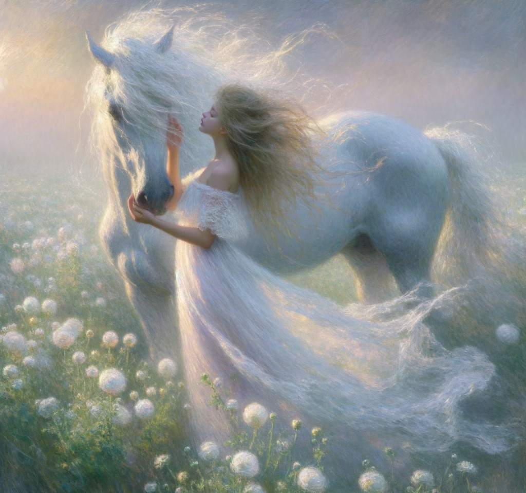 Woman in White Dress with White Horse in Meadow