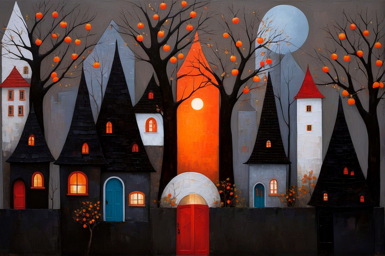 Whimsical Night Scene with Pumpkins and Full Moon