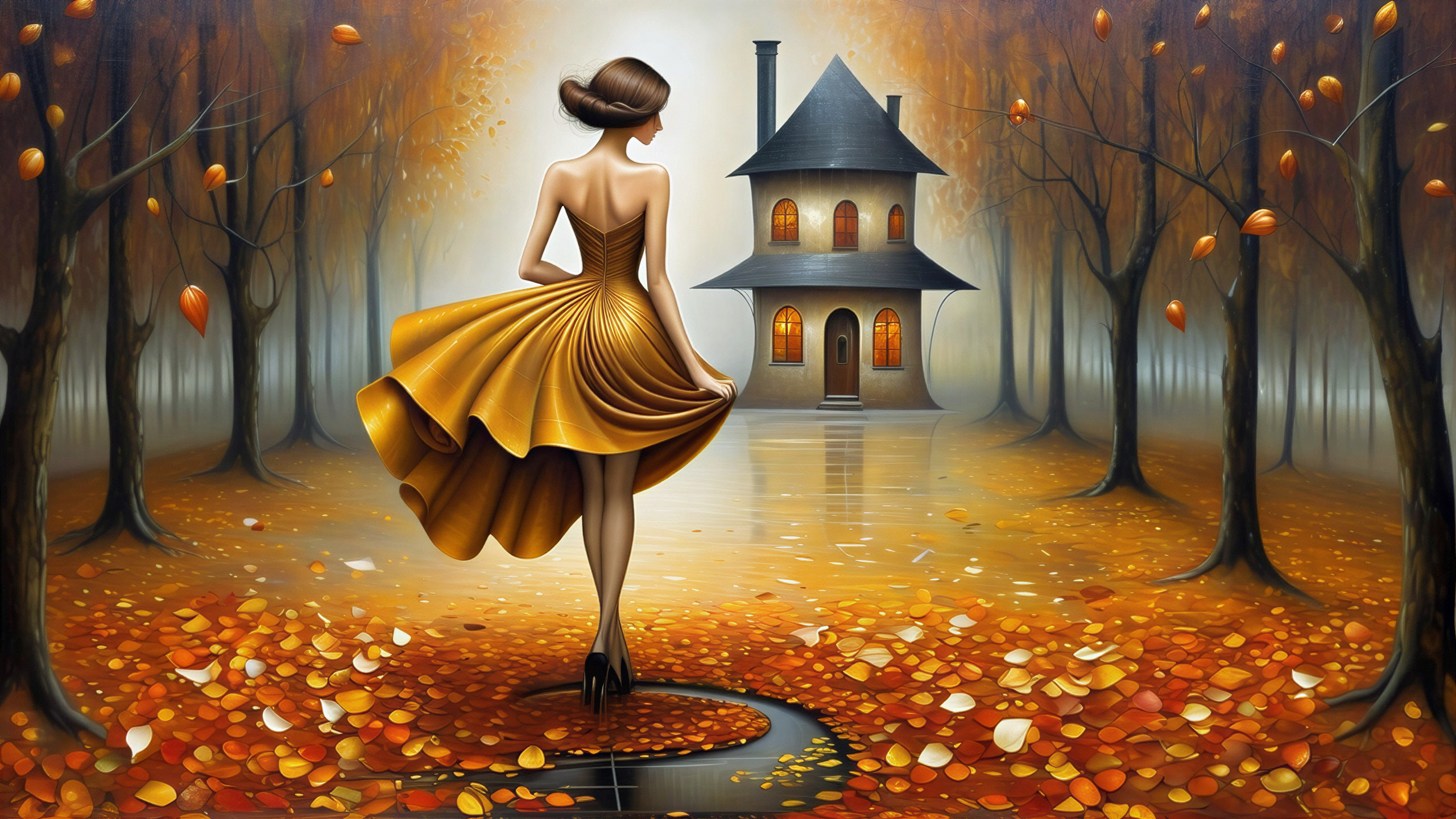 Young Woman in Yellow Dress on Autumn Pathway