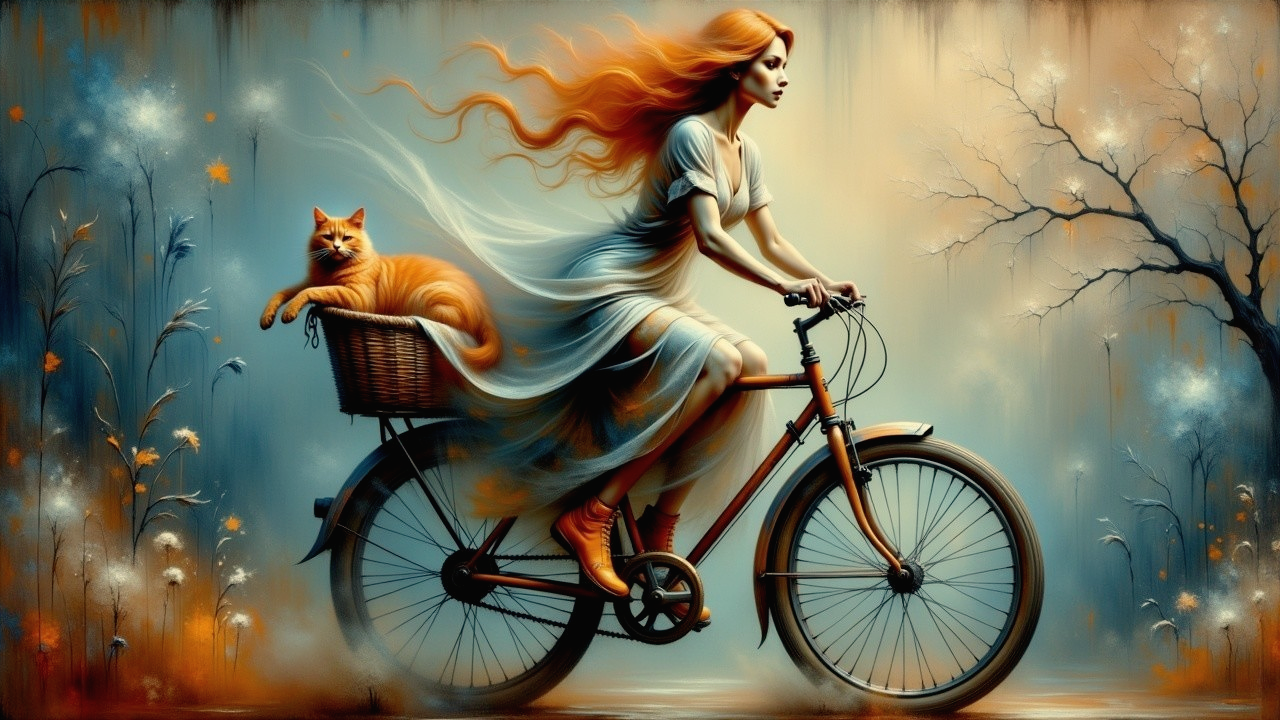 Young woman in white dress riding bicycle with cat