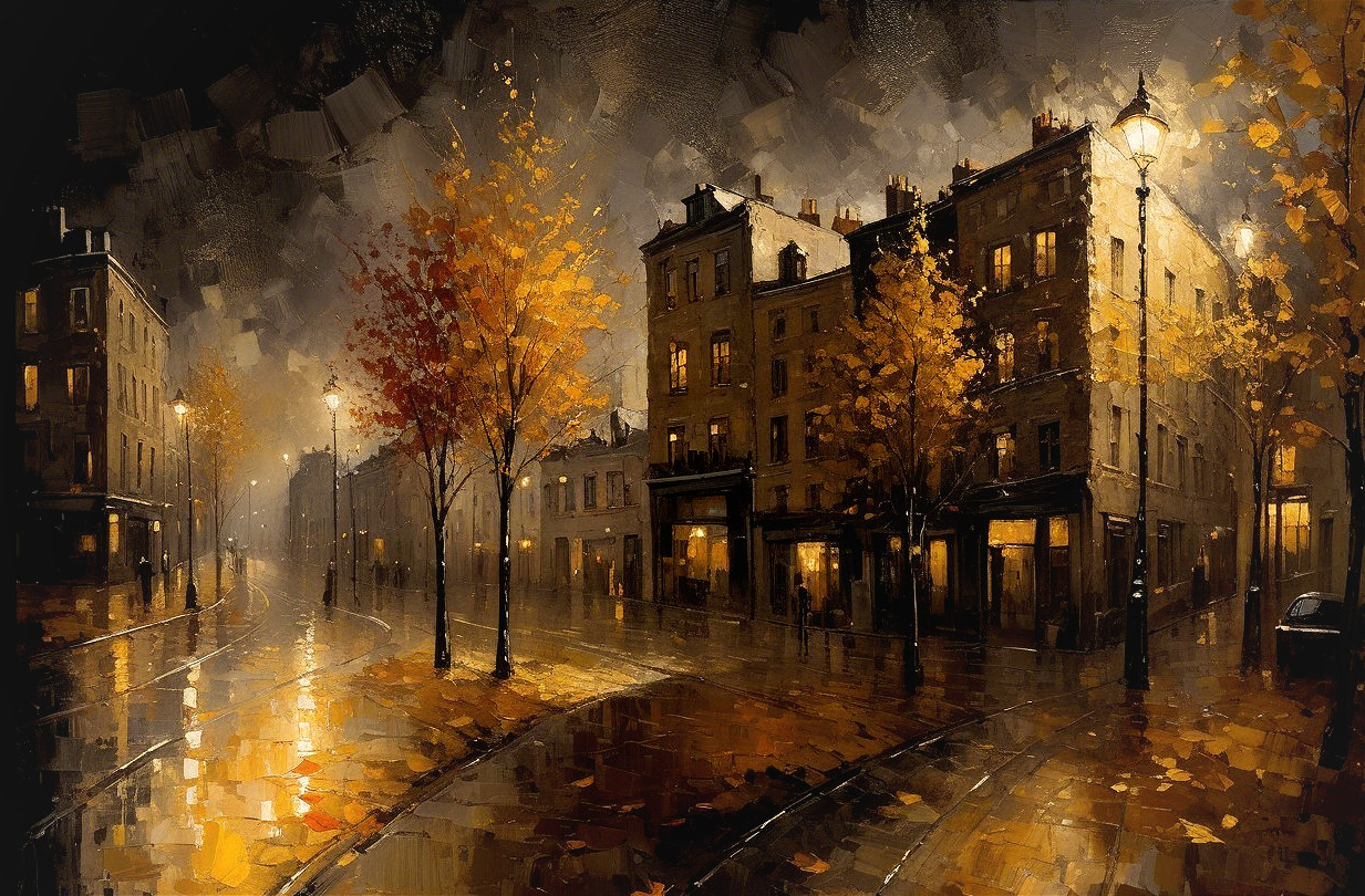 Serene Urban Night Scene with Elegant Buildings and Fog