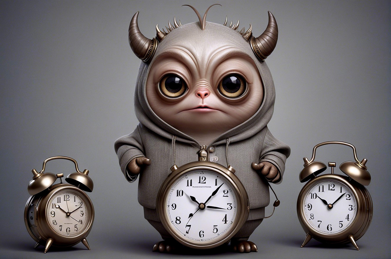 Whimsical creature in hoodie with vintage alarm clocks