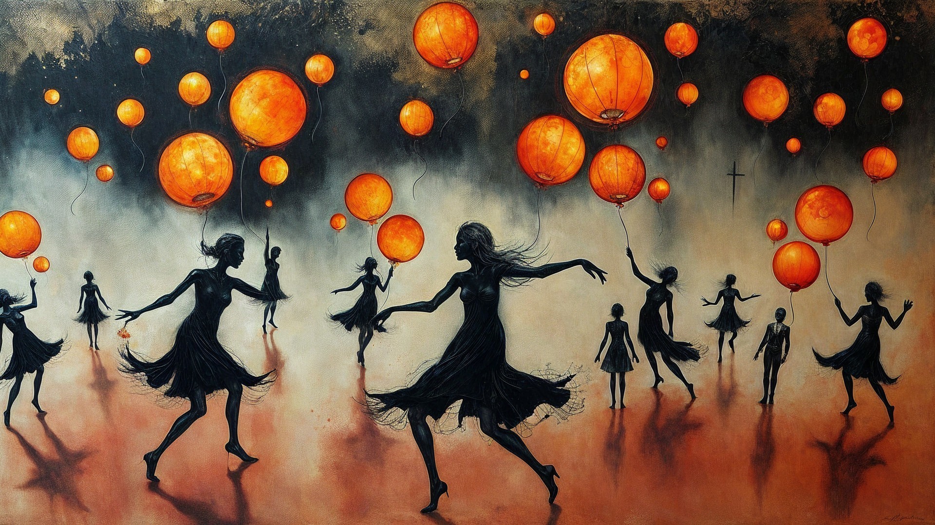 Whimsical Dancing Figures with Lanterns in Soft Hues